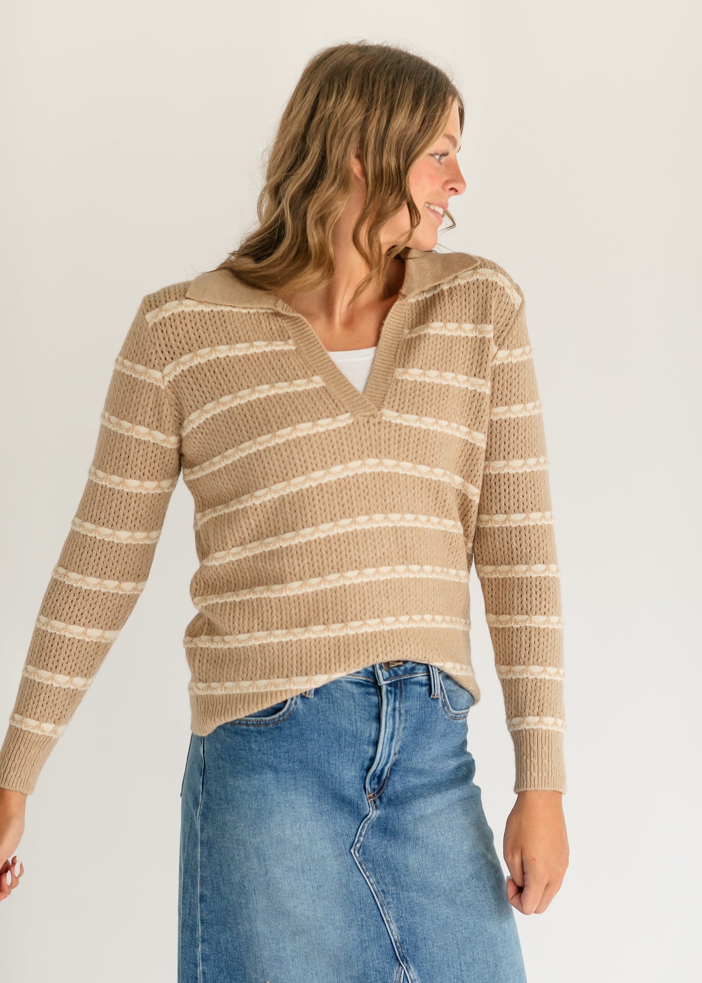 V-neck Collared Cable Stitch Sweater FF Tops Tan / XS