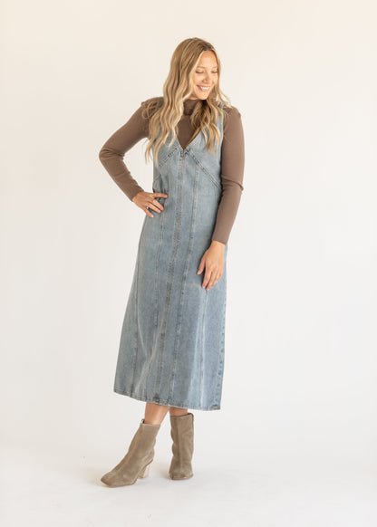 V-neck Paneled Denim Maxi Dress FF Dresses