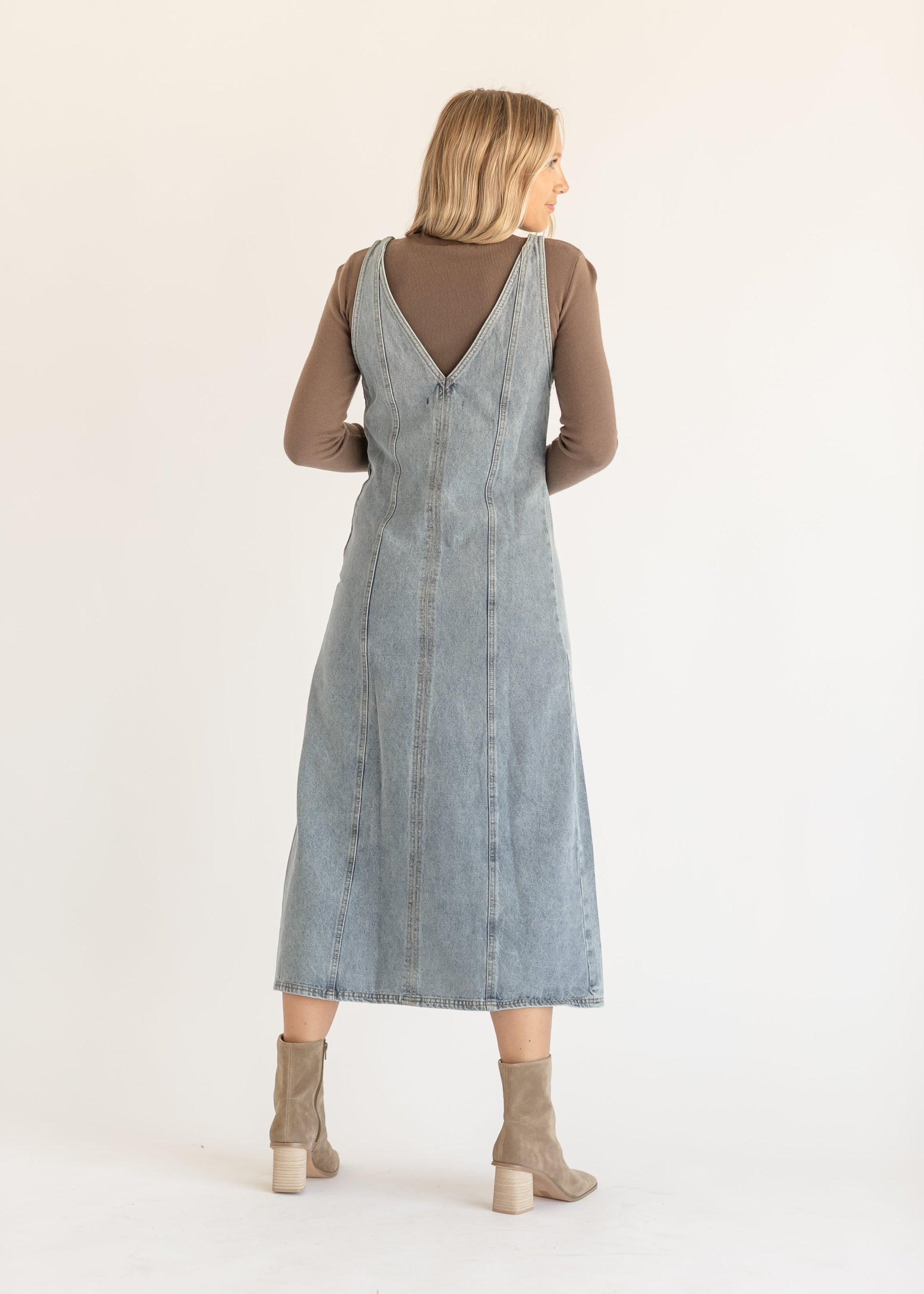 V-neck Paneled Denim Maxi Dress FF Dresses