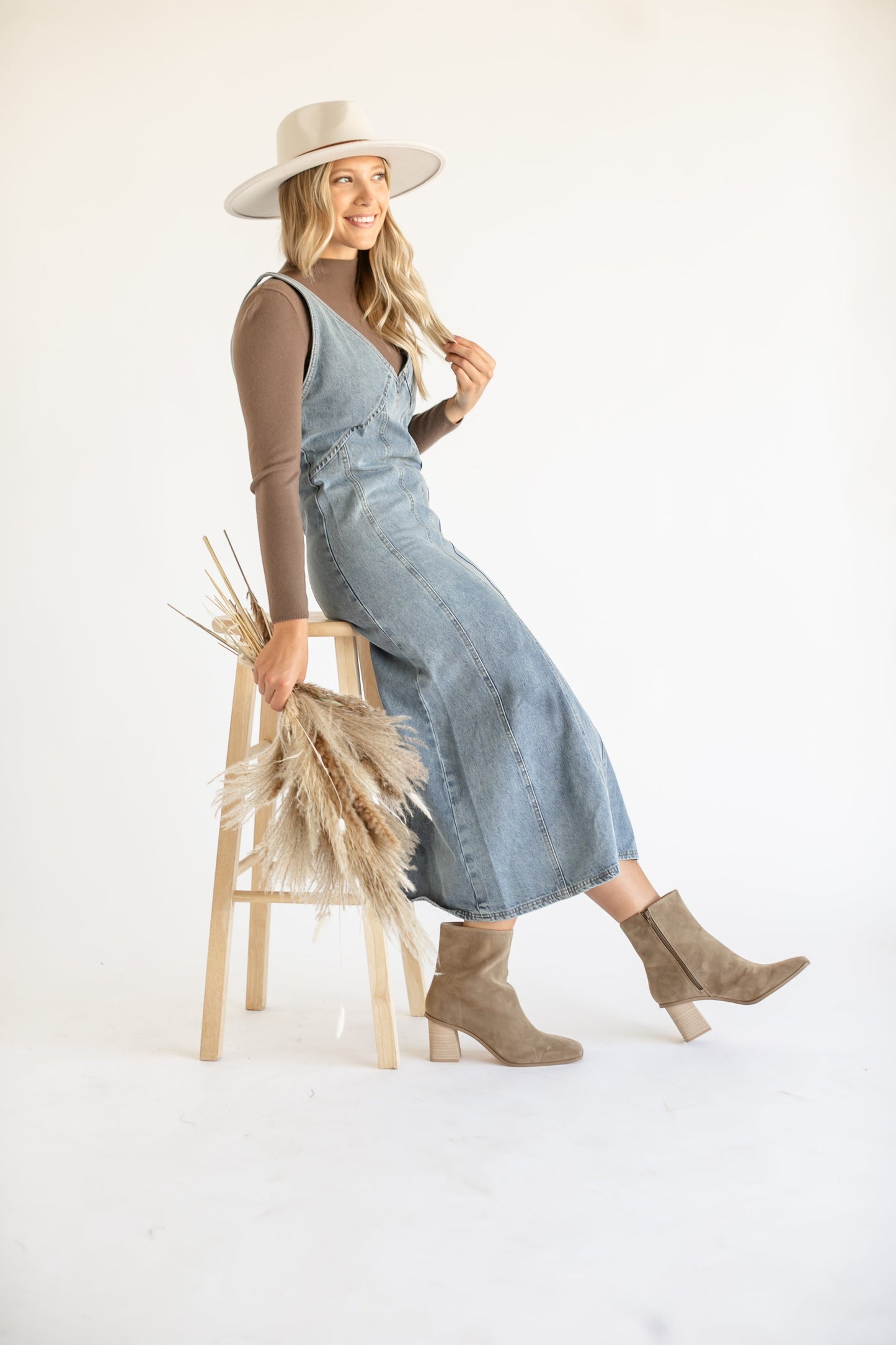 V-neck Paneled Denim Maxi Dress FF Dresses