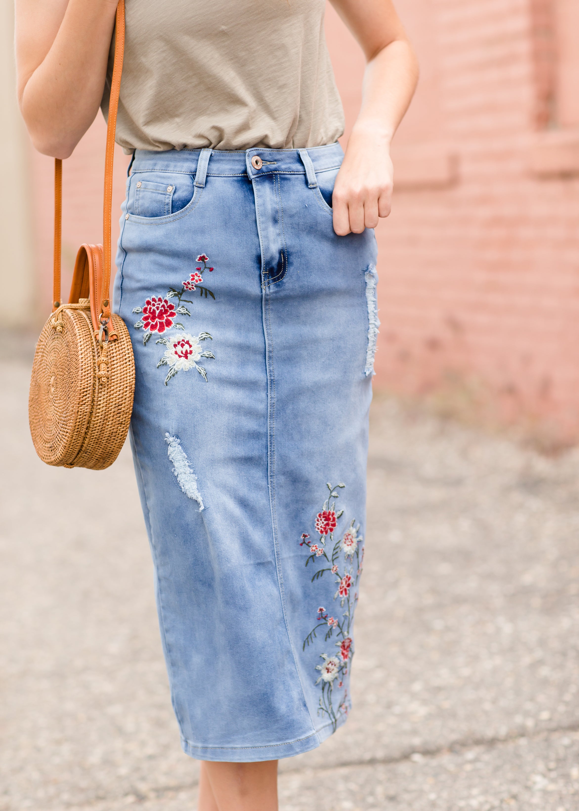 Women's Embroidered and Distressed Denim Midi Skirt – Inherit Co.