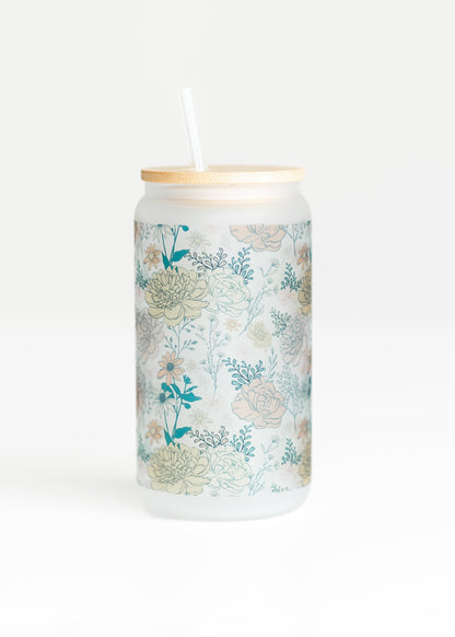 Vintage Florals Frosted Glass Tumbler 16 oz Gifts