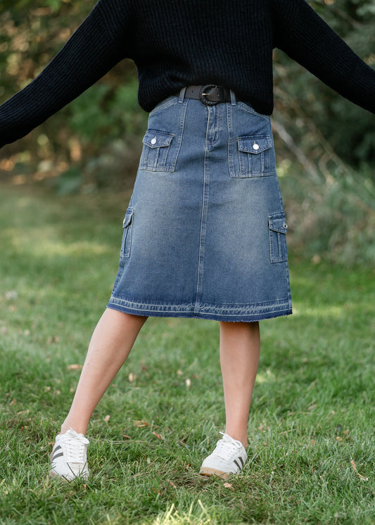 Vintage Wash Midi Cargo Denim Skirt FF Skirts