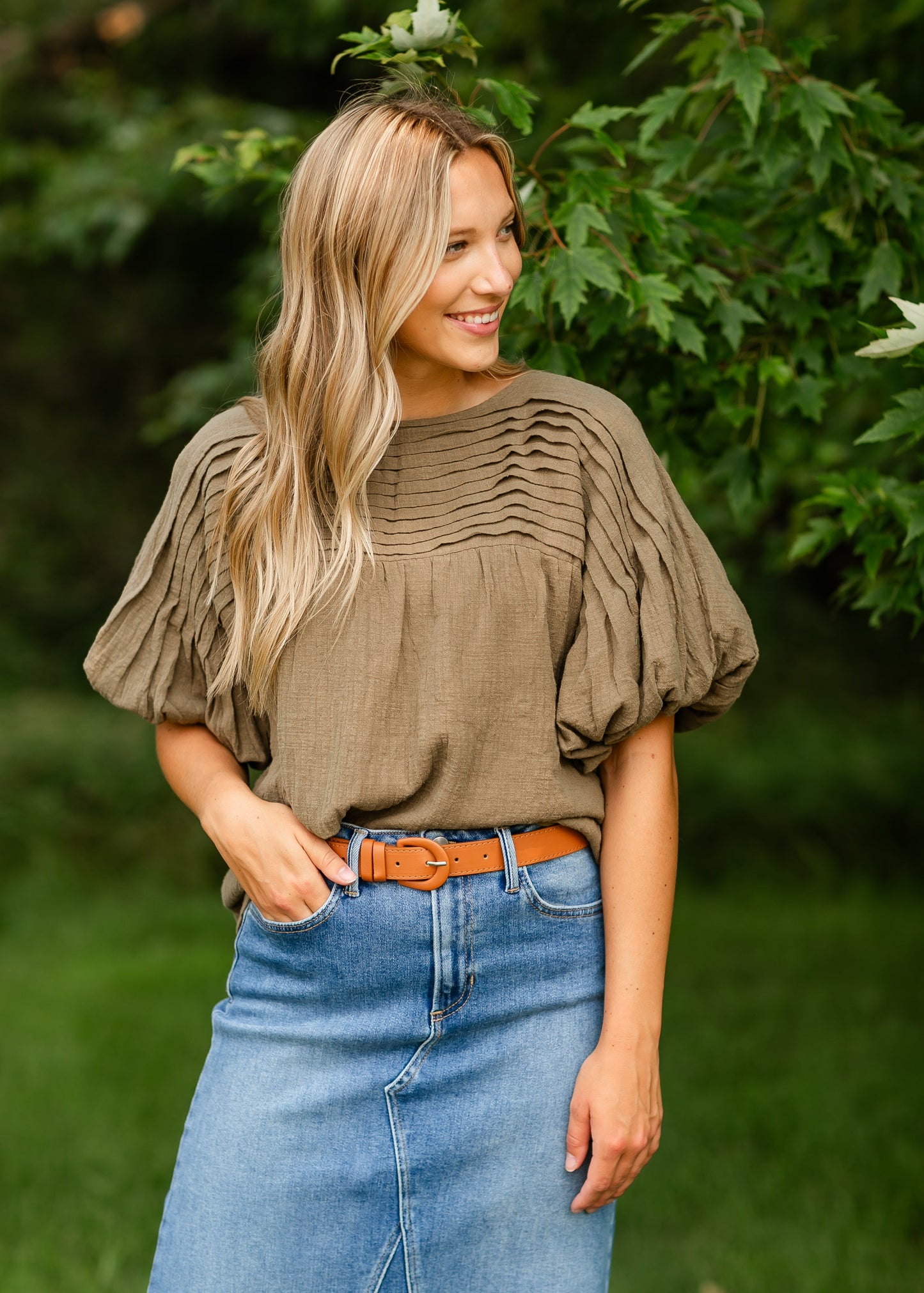 Virginia Pleated Peasant Short Sleeve Top IC Tops Olive / S