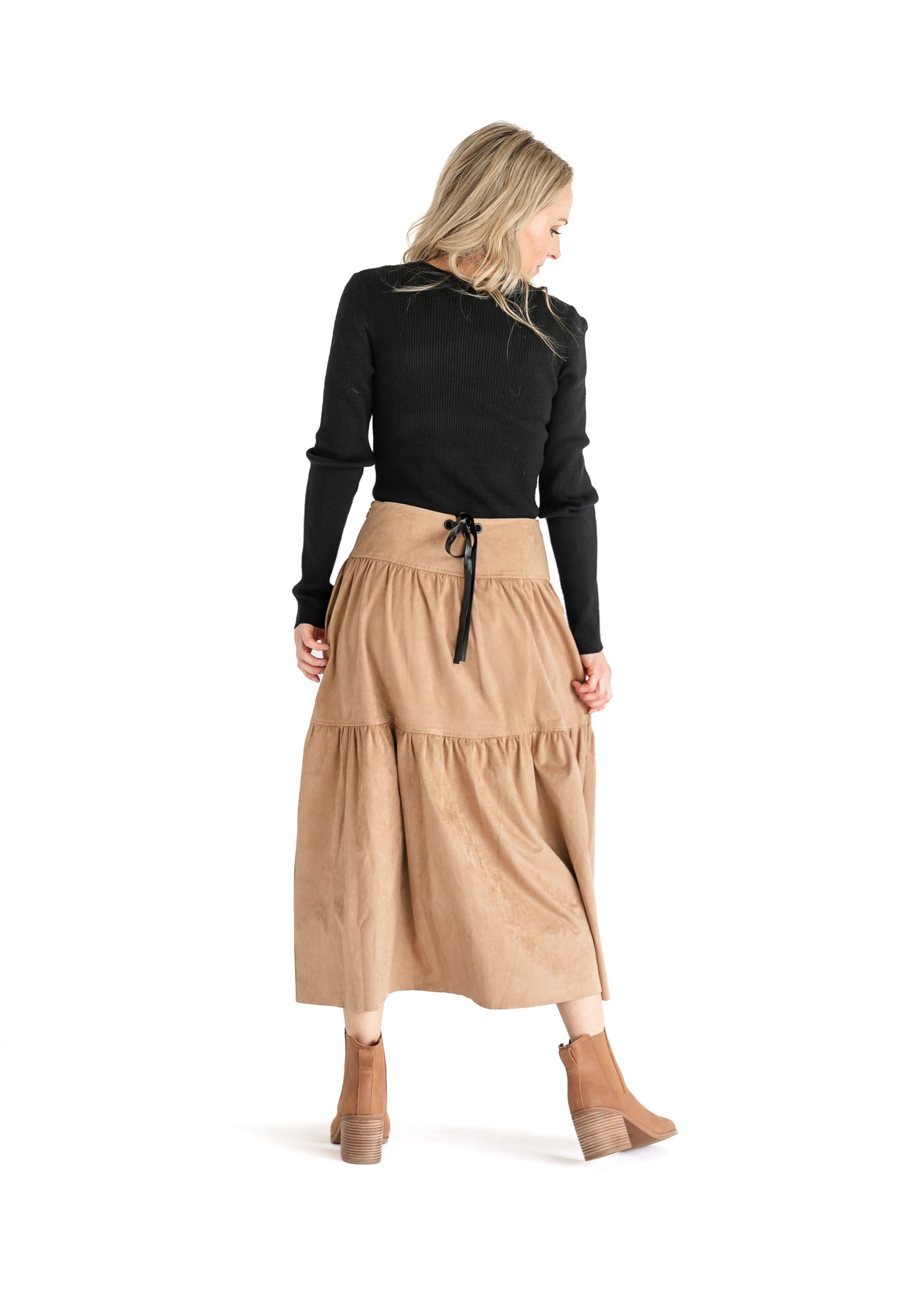 Waist Tie Faux Suede Tan Skirt FF Skirts