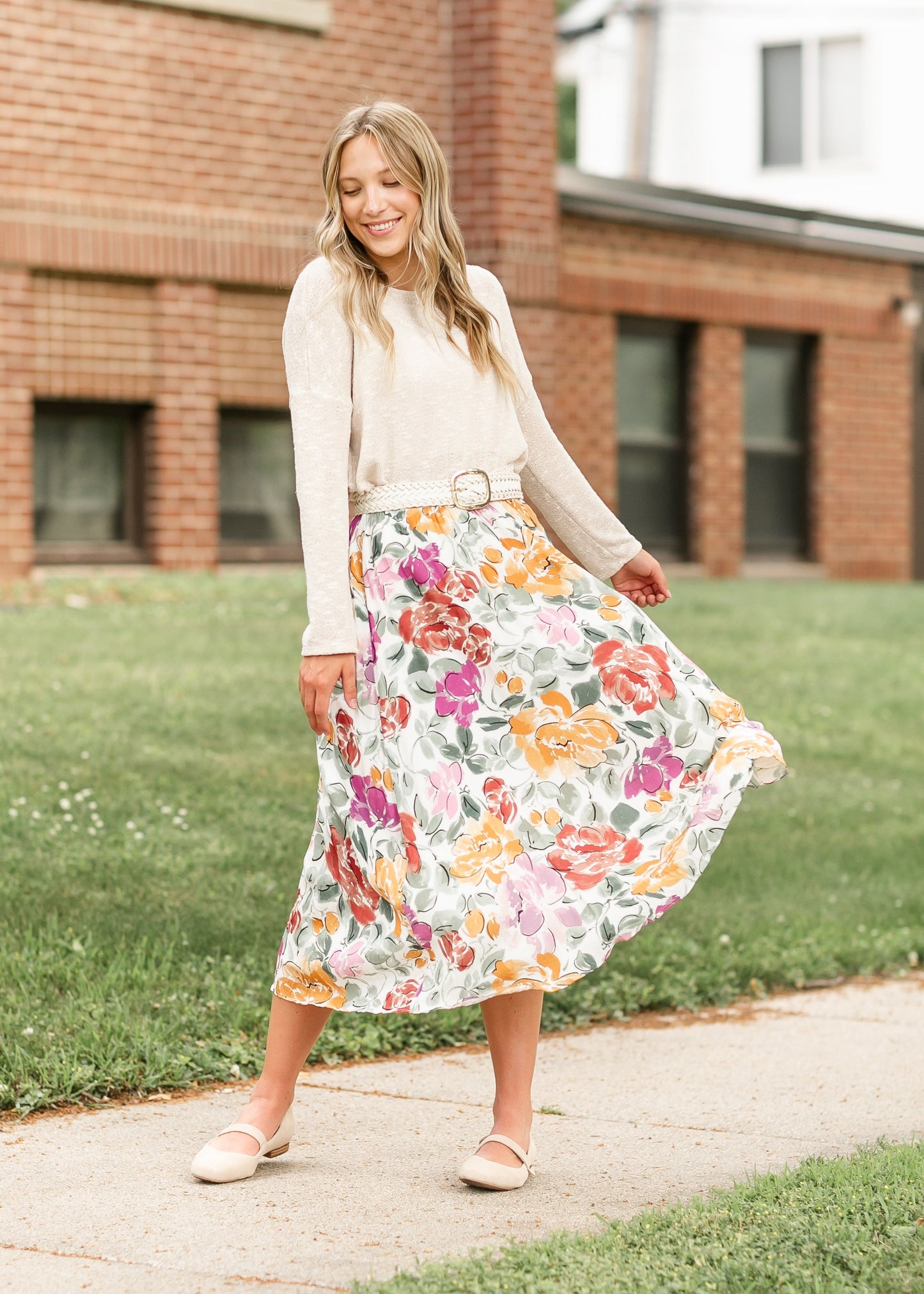 Watercolor Floral A-line Midi Skirt FF Skirts