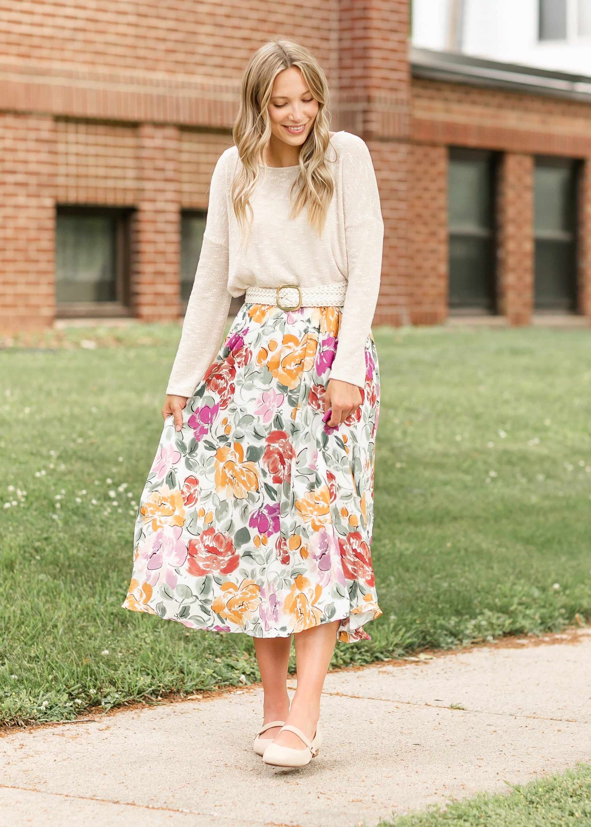 Watercolor Floral A-line Midi Skirt FF Skirts