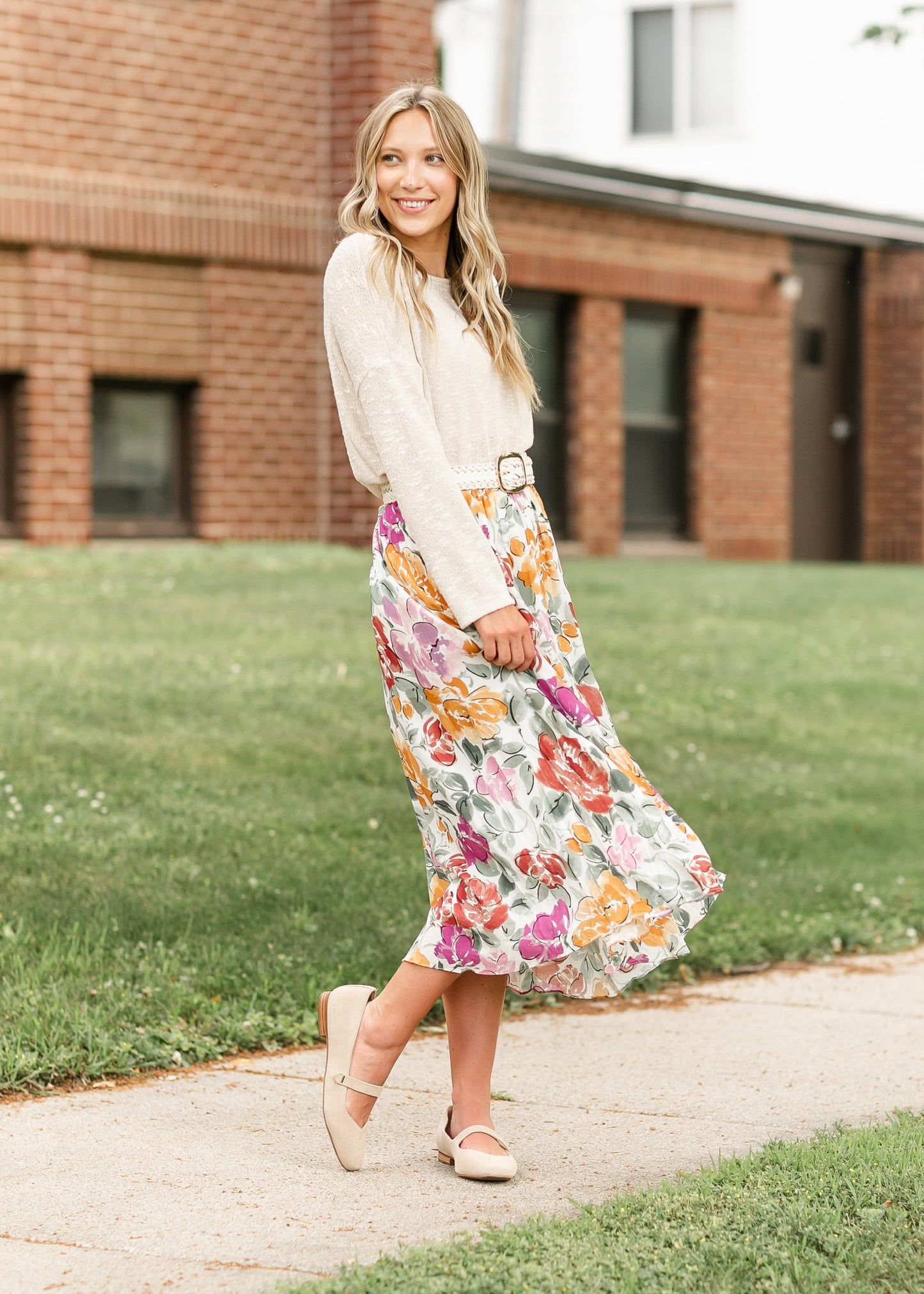 Watercolor Floral A-line Midi Skirt FF Skirts