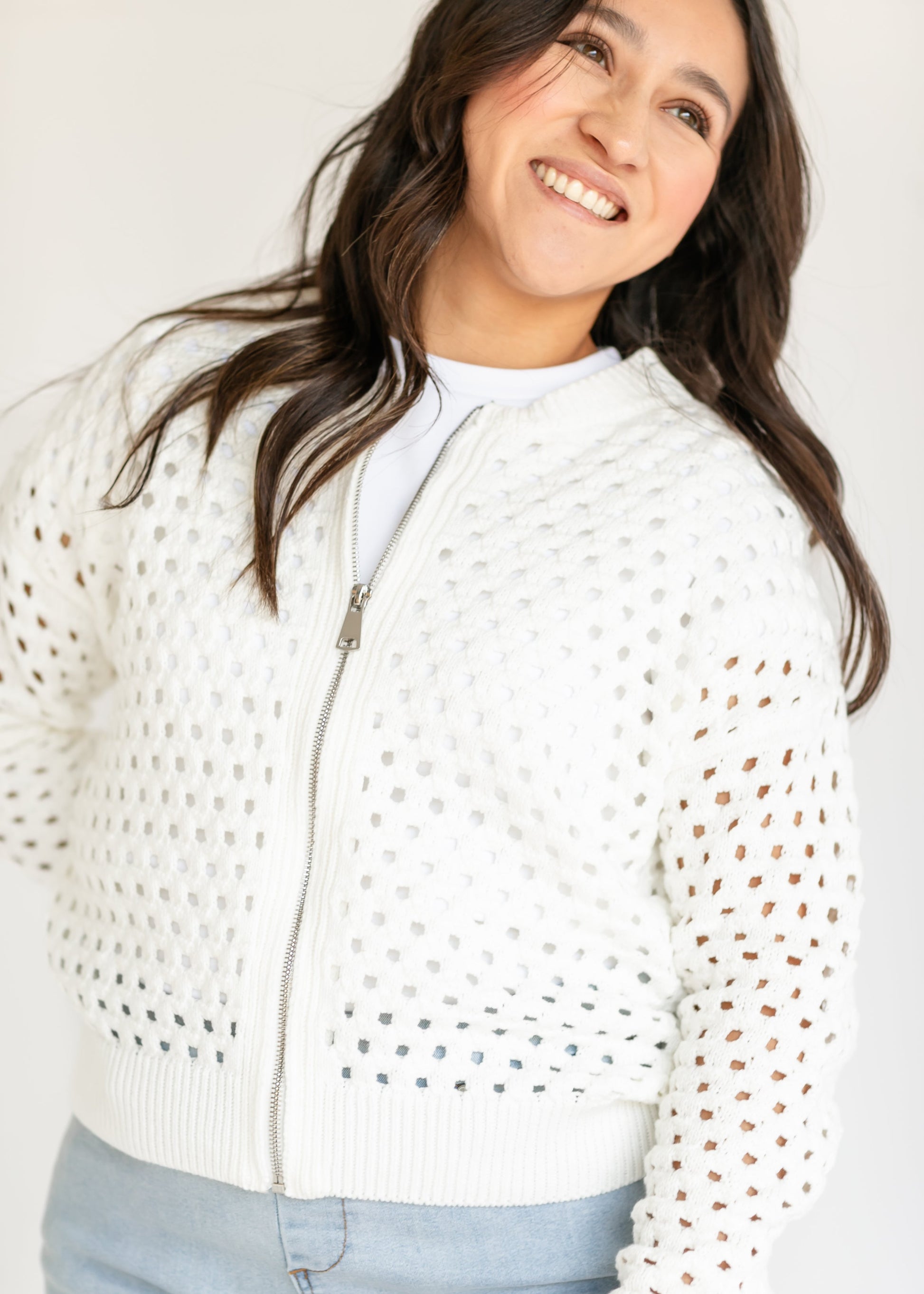 White Open Knit Zip Front Cardigan FF Layering Essentials