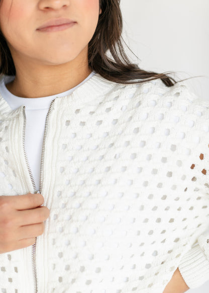 White Open Knit Zip Front Cardigan FF Layering Essentials