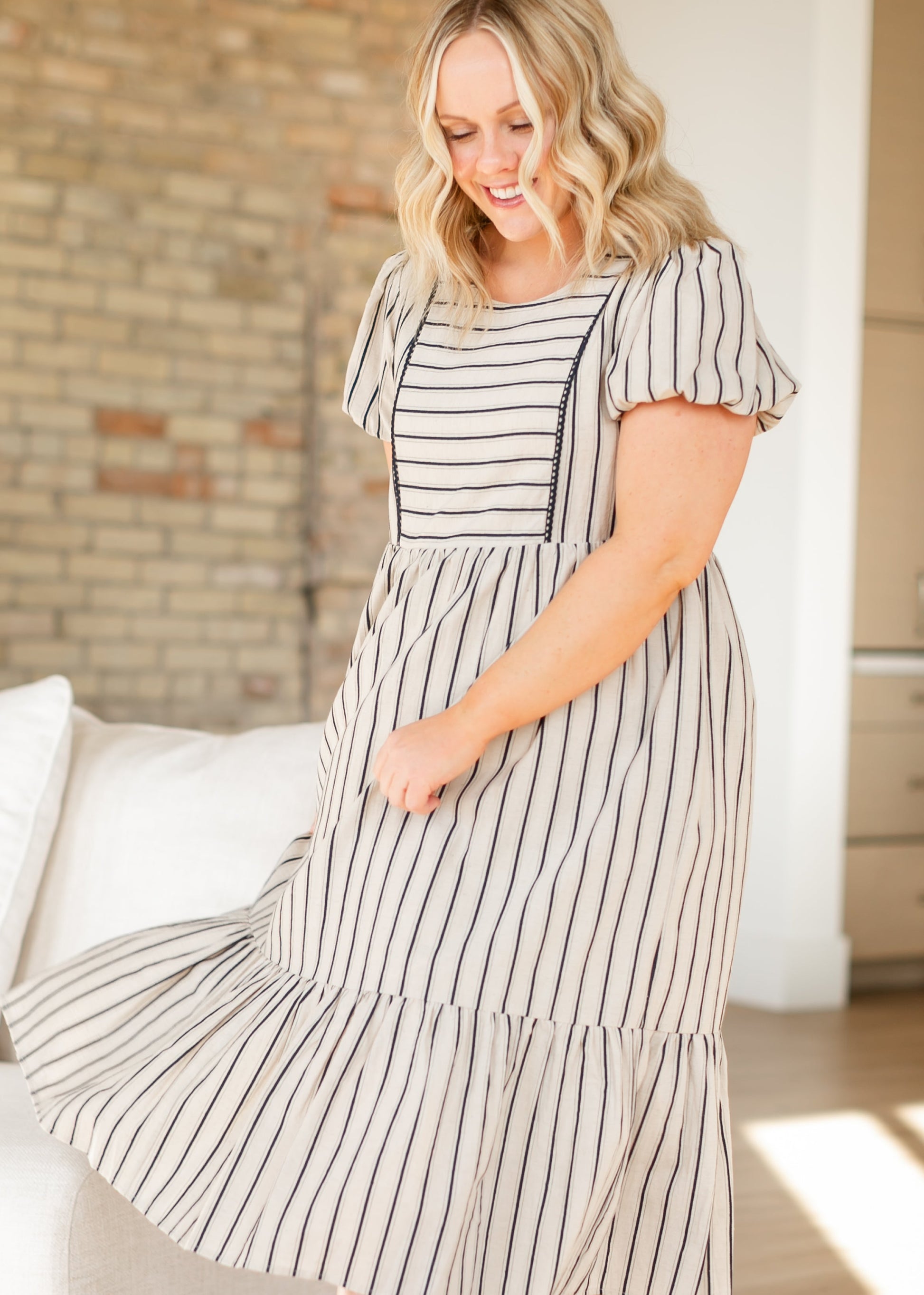 Yarn-Dyed Striped Short Sleeve Midi Dress FF Dresses