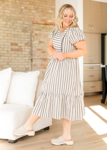 Yarn-Dyed Striped Short Sleeve Midi Dress FF Dresses