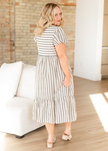 Yarn-Dyed Striped Short Sleeve Midi Dress FF Dresses