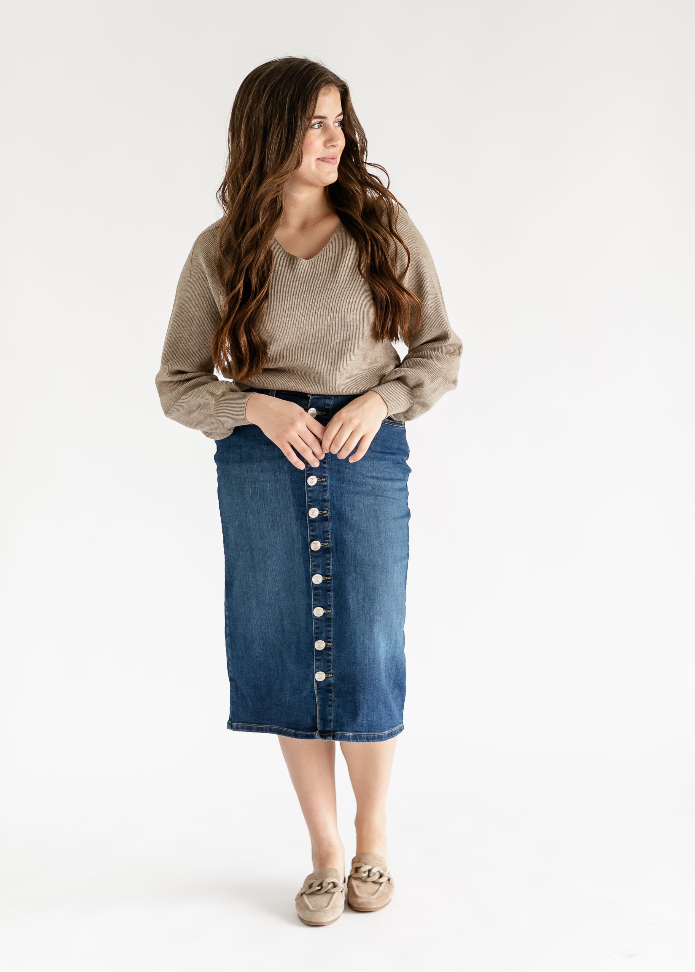 Zana Front Button Denim Midi Skirt Inherit Co