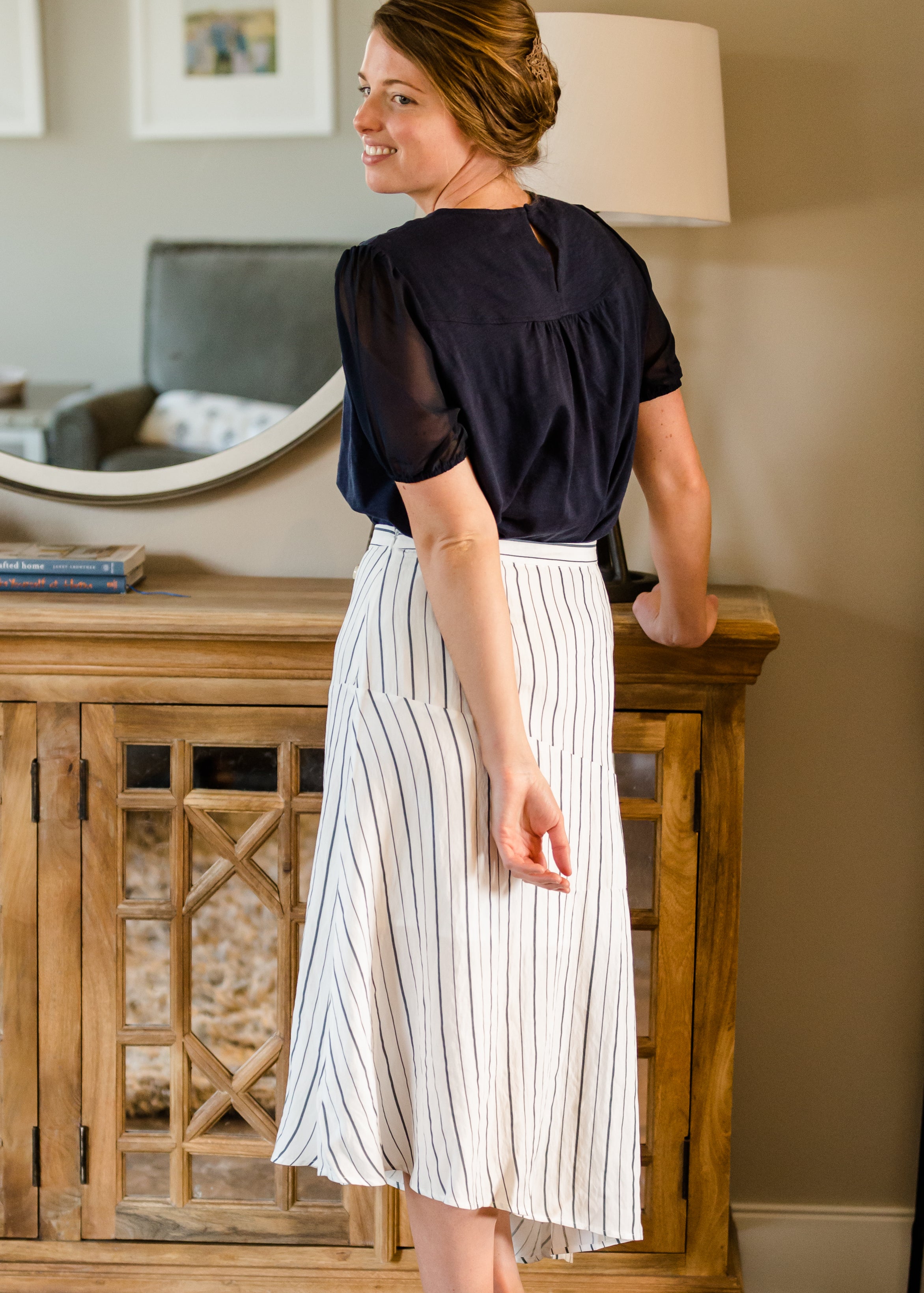 Asymmetrical Button Detail Stripe Midi Skirt – Inherit Co.
