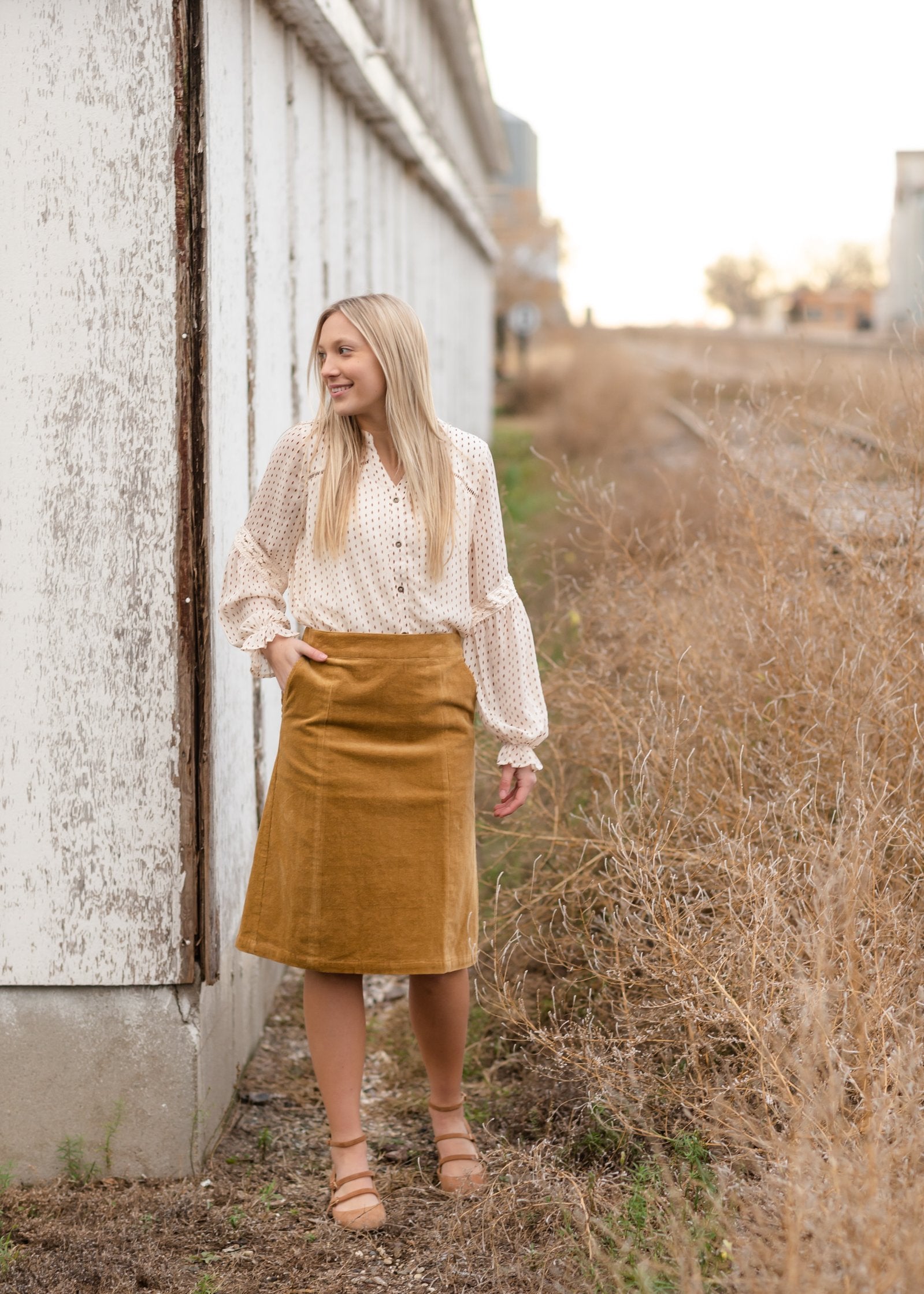 Aubrey Corduroy Back Zip Midi Skirt FINAL SALE Inherit Co