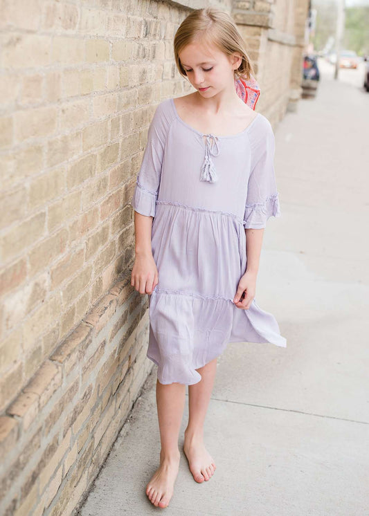 light purple tassle sleeve flowy girls midi dress