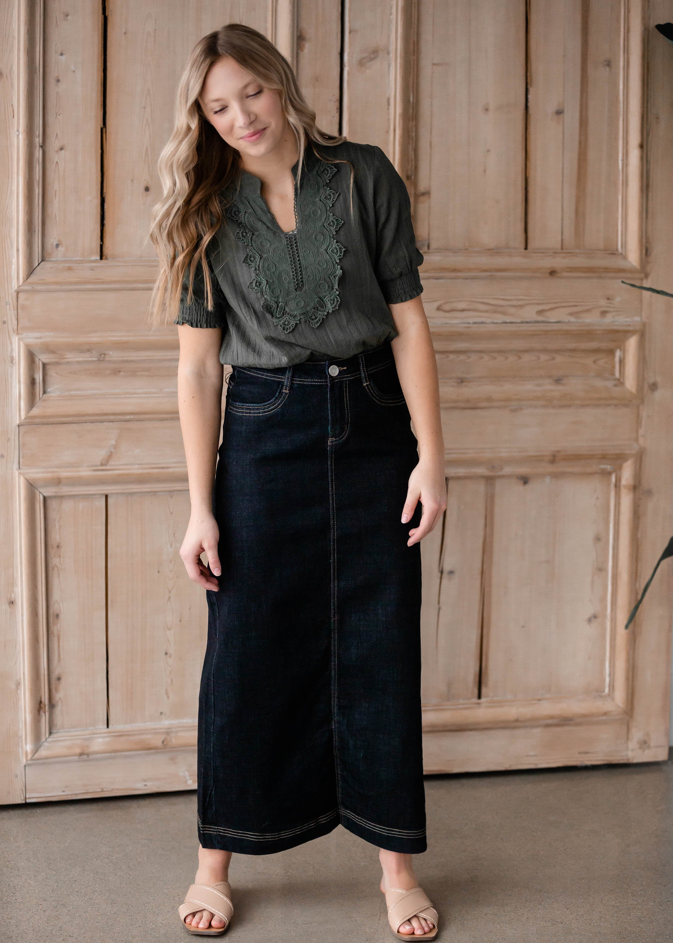 Janeve Midi Skirt - Front Split Denim Skirt in Black Acid Wash | Showpo USA