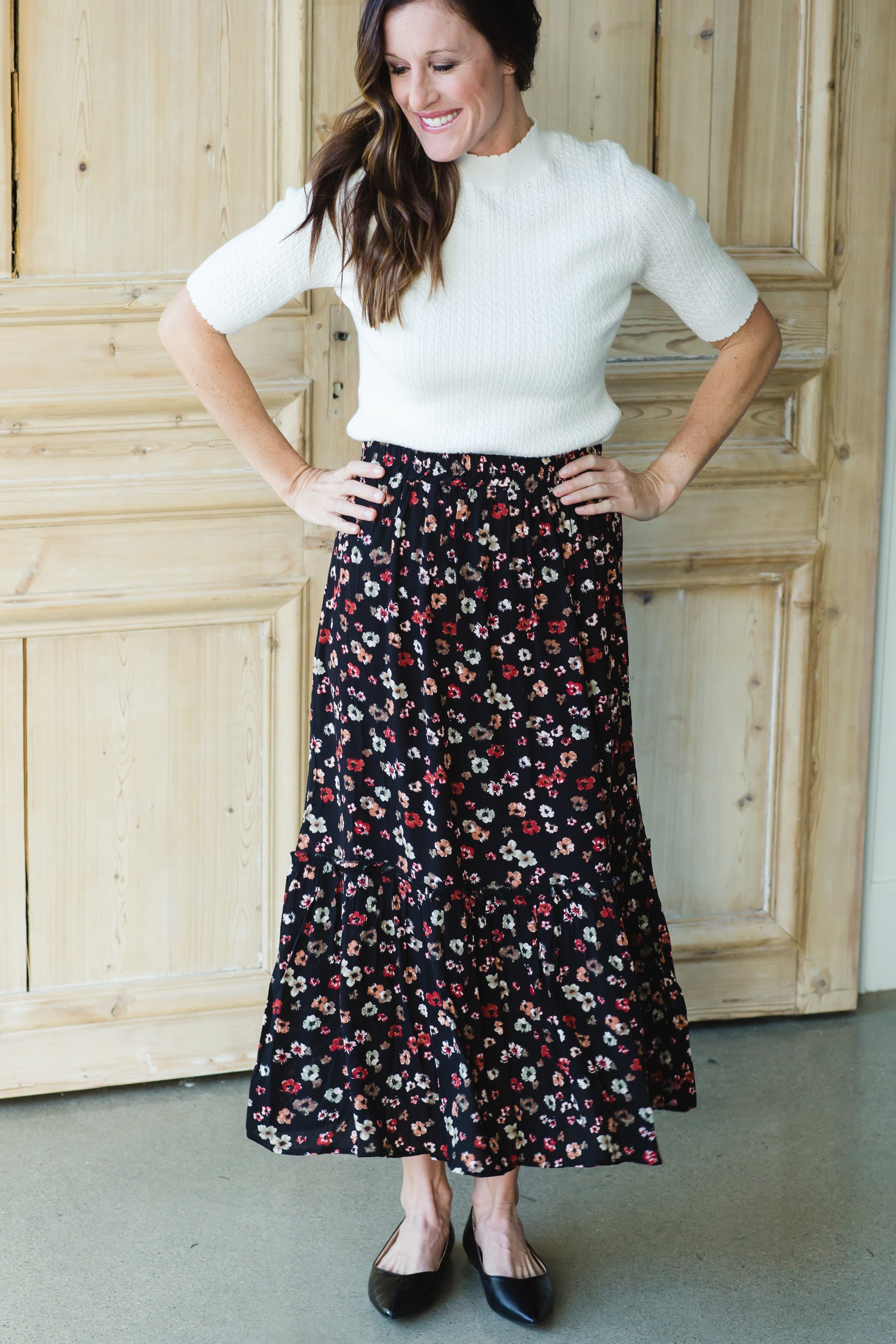 Black Floral Tiered Midi Skirt - FINAL SALE – Inherit Co.