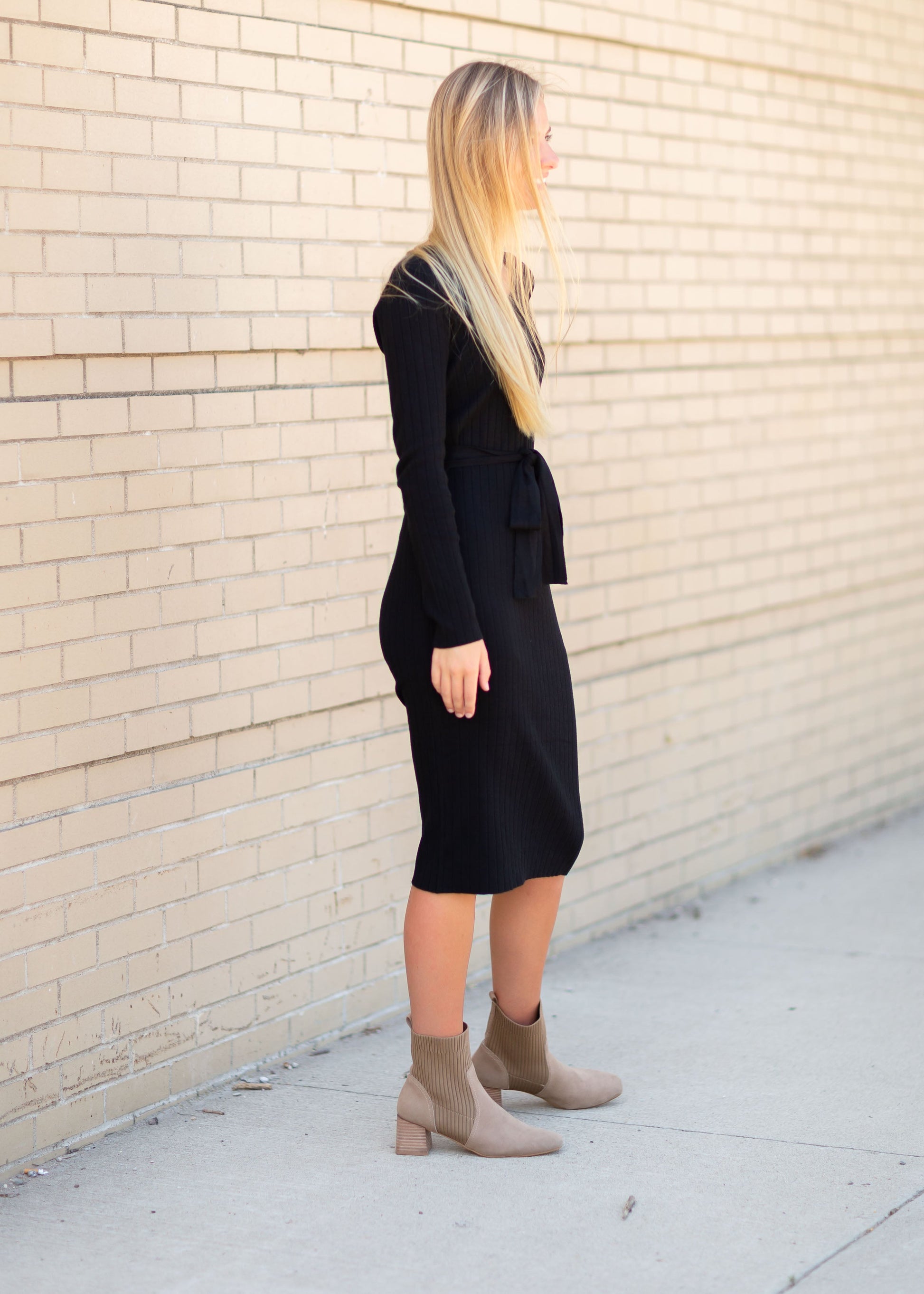 Black Ribbed Belted Midi Dress Dress