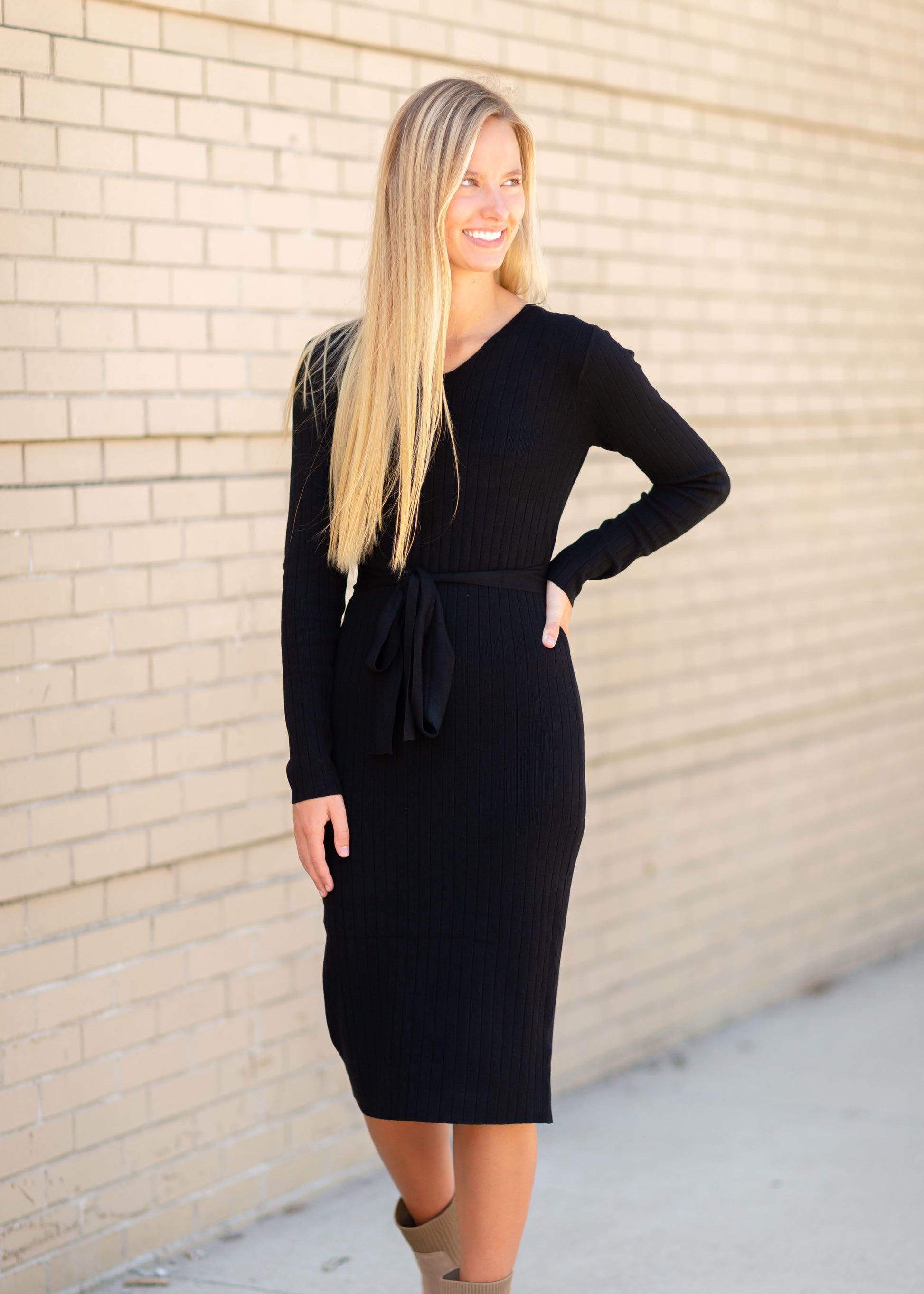 Black Ribbed Belted Midi Dress Dress