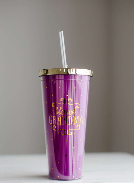 Purple and gold double wall tumbler that says blessed grandma on it.