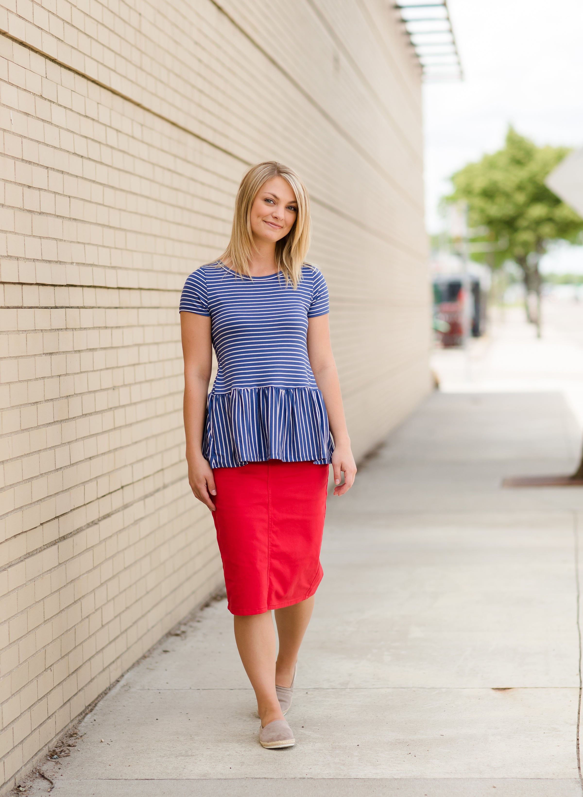 Blue and white 2024 striped peplum top