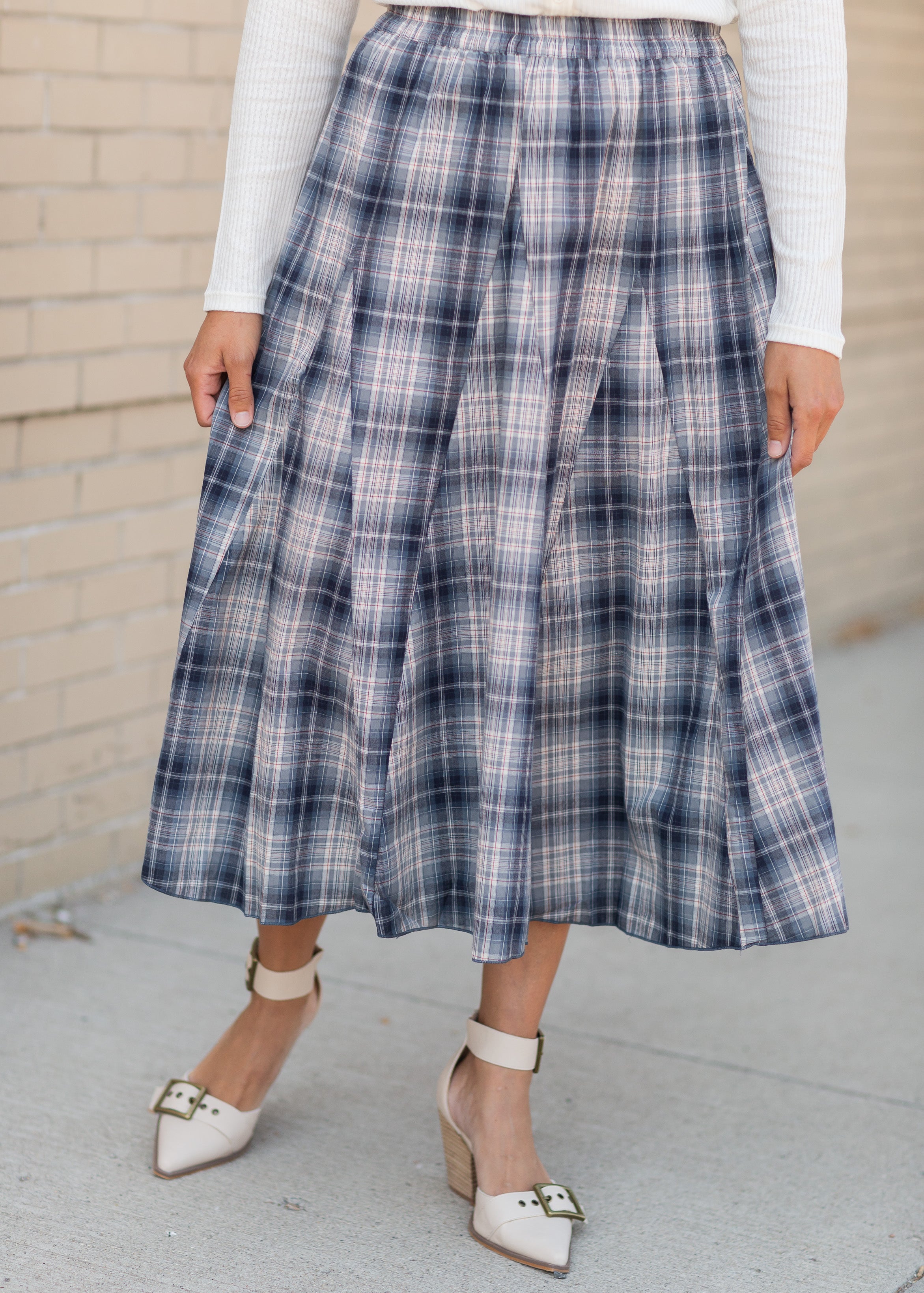 Blue plaid clearance midi skirt