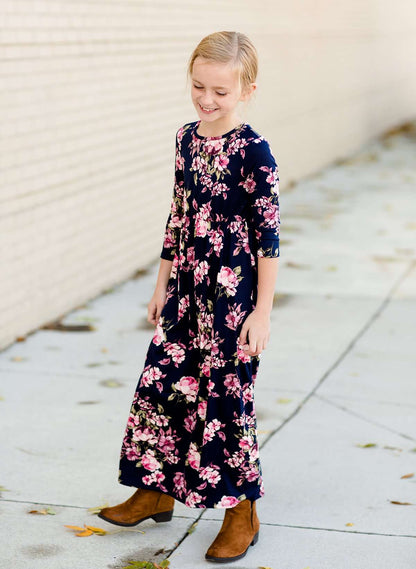 Modest girls and conservative teens navy and floral long sleeve maxi dress