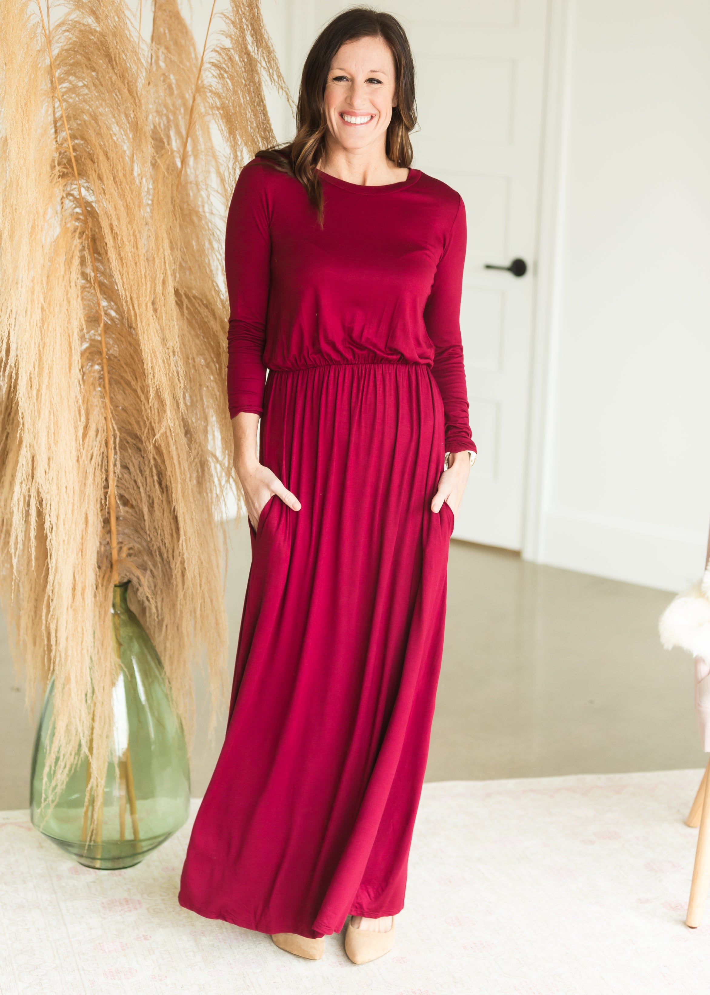 Burgundy Long Sleeve Empire Waist Maxi Dress FINAL SALE