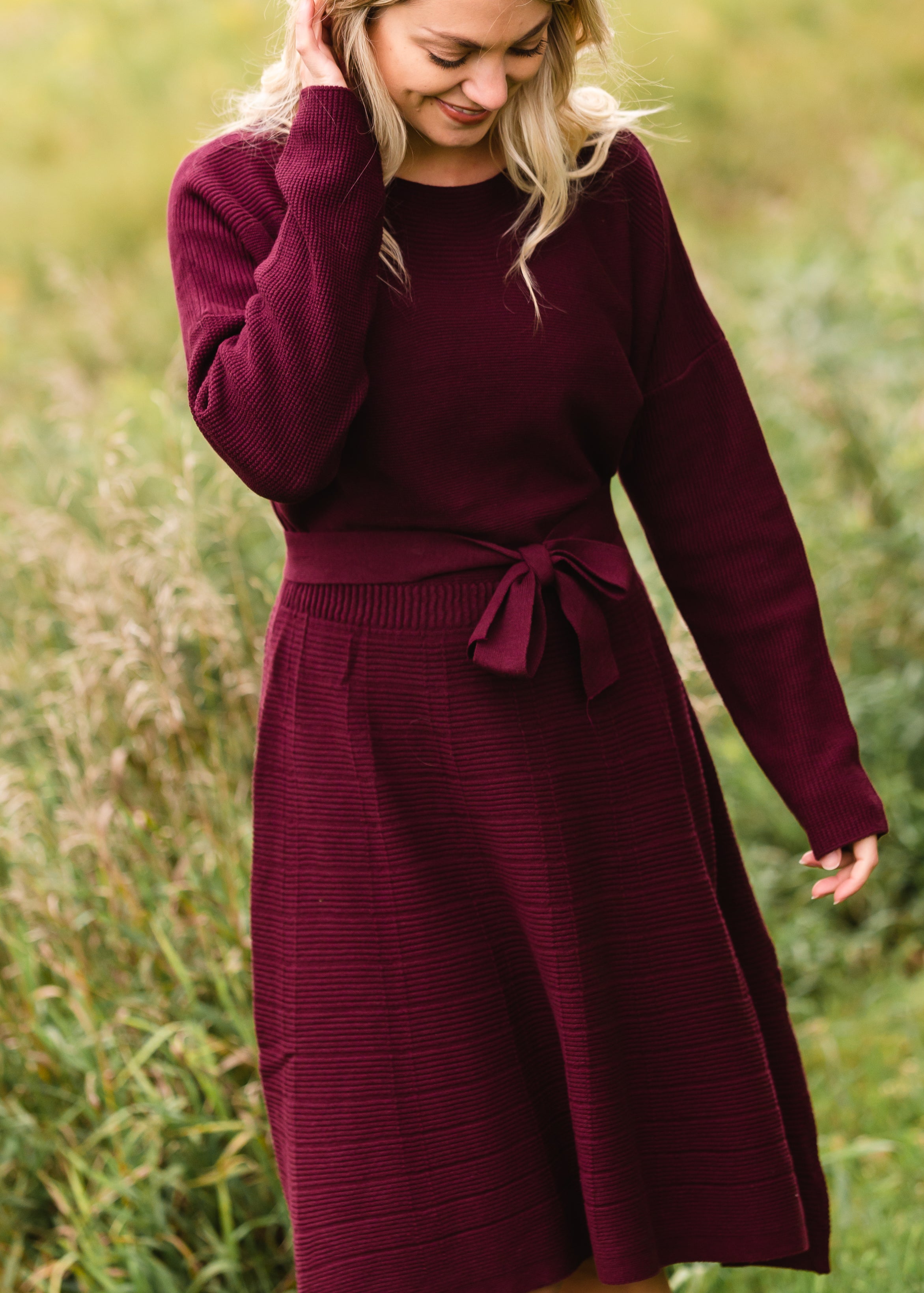 Burgundy Tie Waist Sweater Dress FINAL SALE Inherit Co