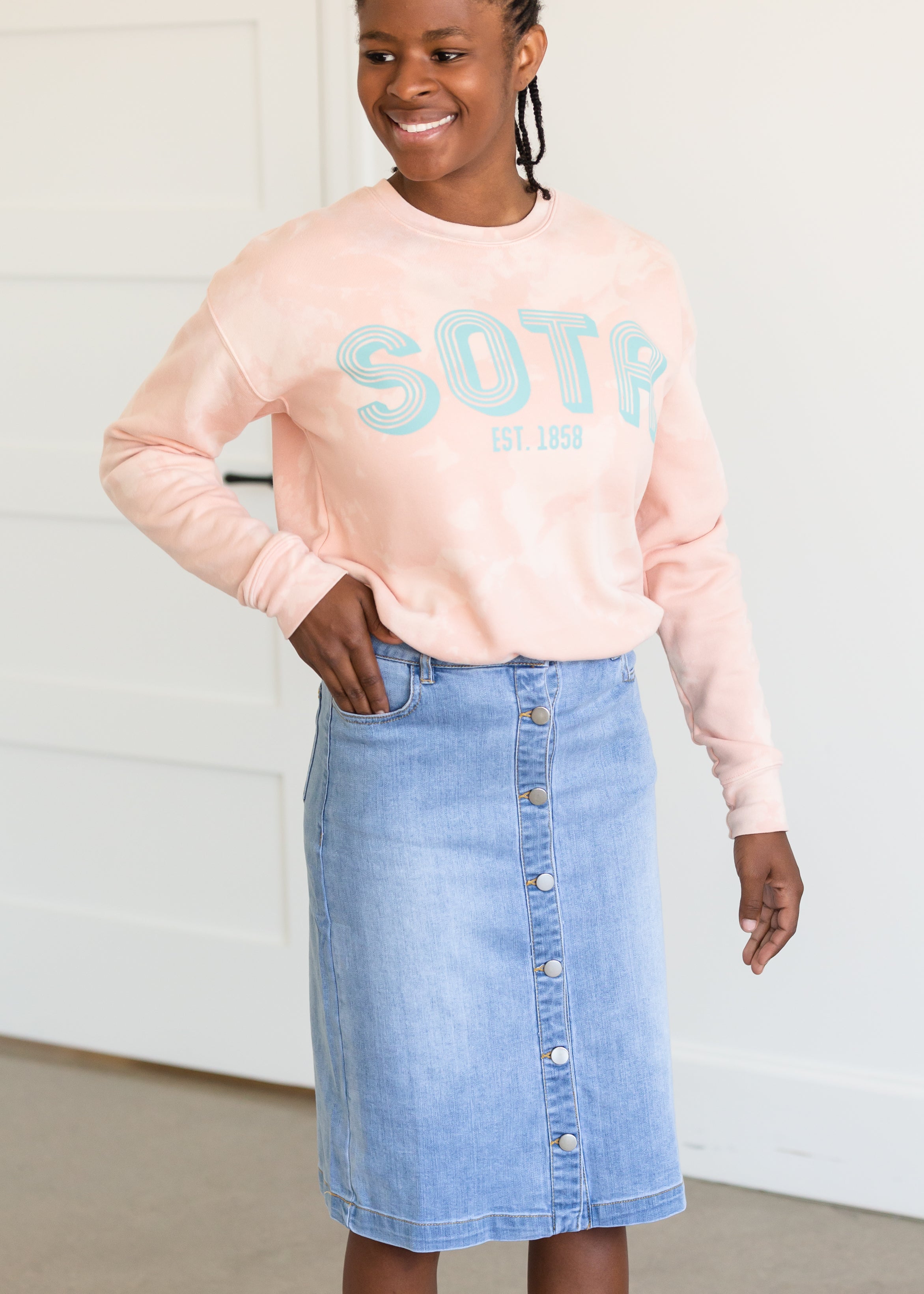 Pink denim hot sale midi skirt