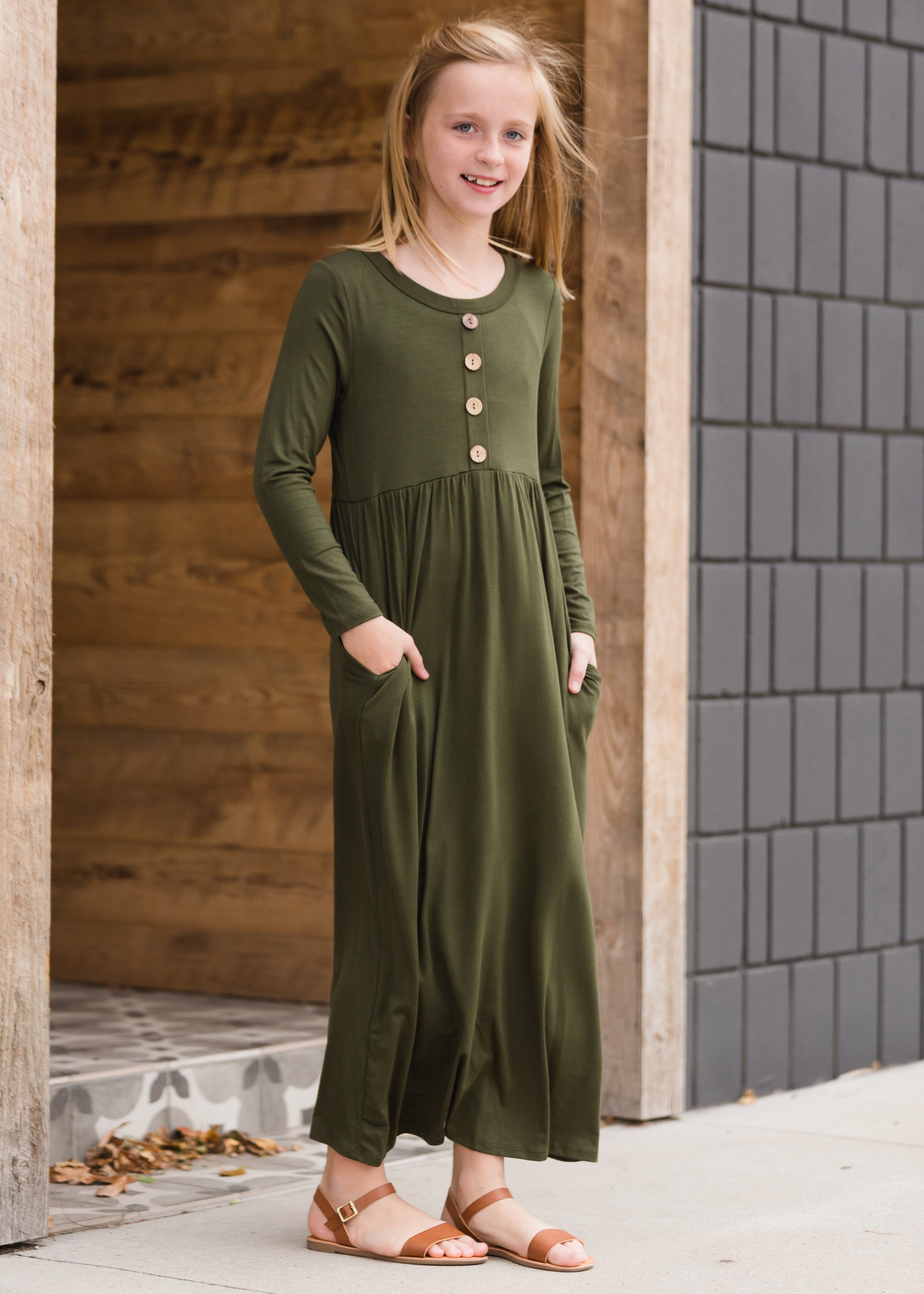 Girls Button Front Olive Maxi Dress Inherit Co