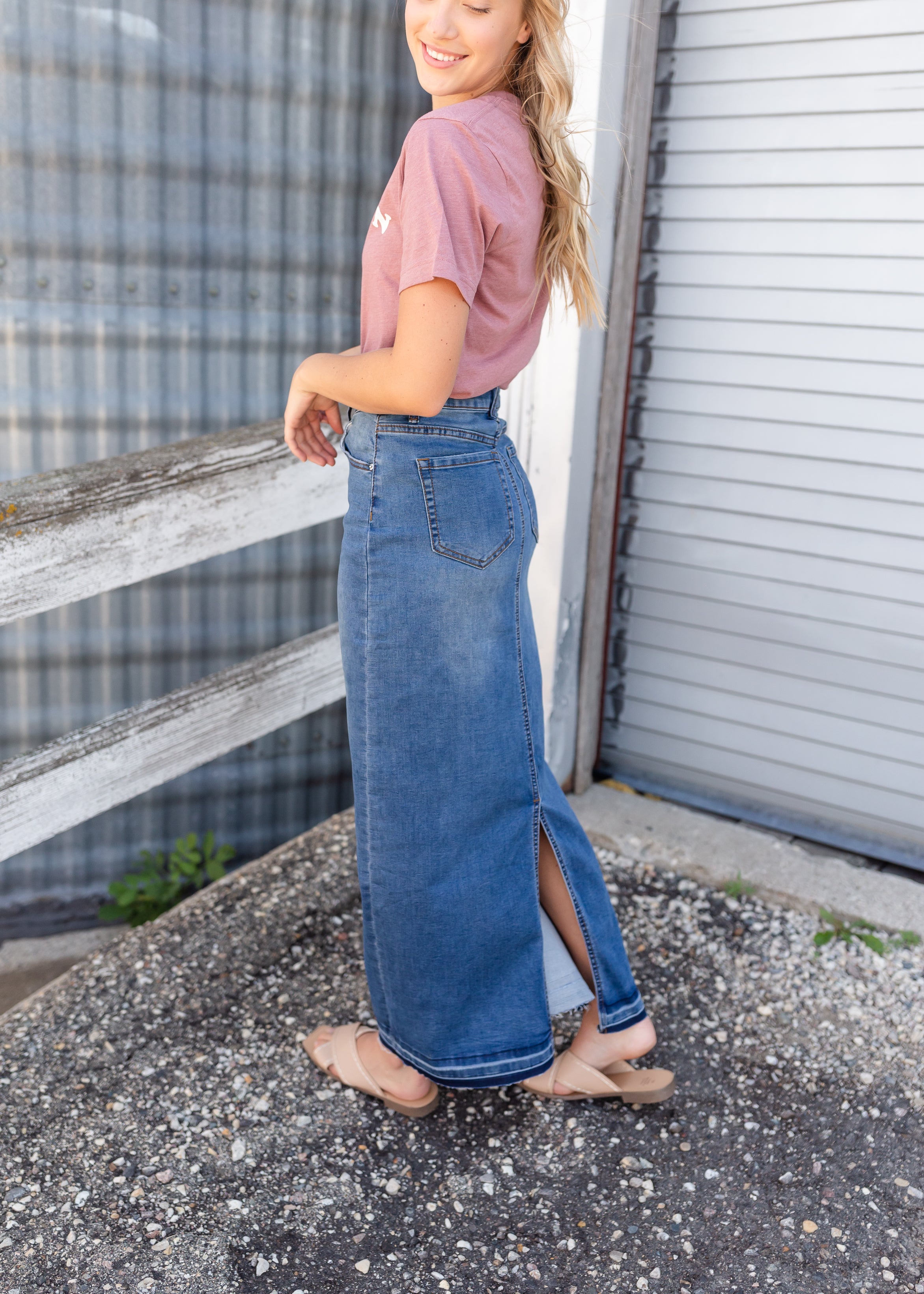 Distressed denim long outlet skirt