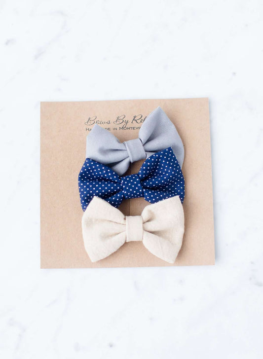 Little girls hair bow set of three. This shows a gray, taupe and navy polka dot headband or alligator clip bow.