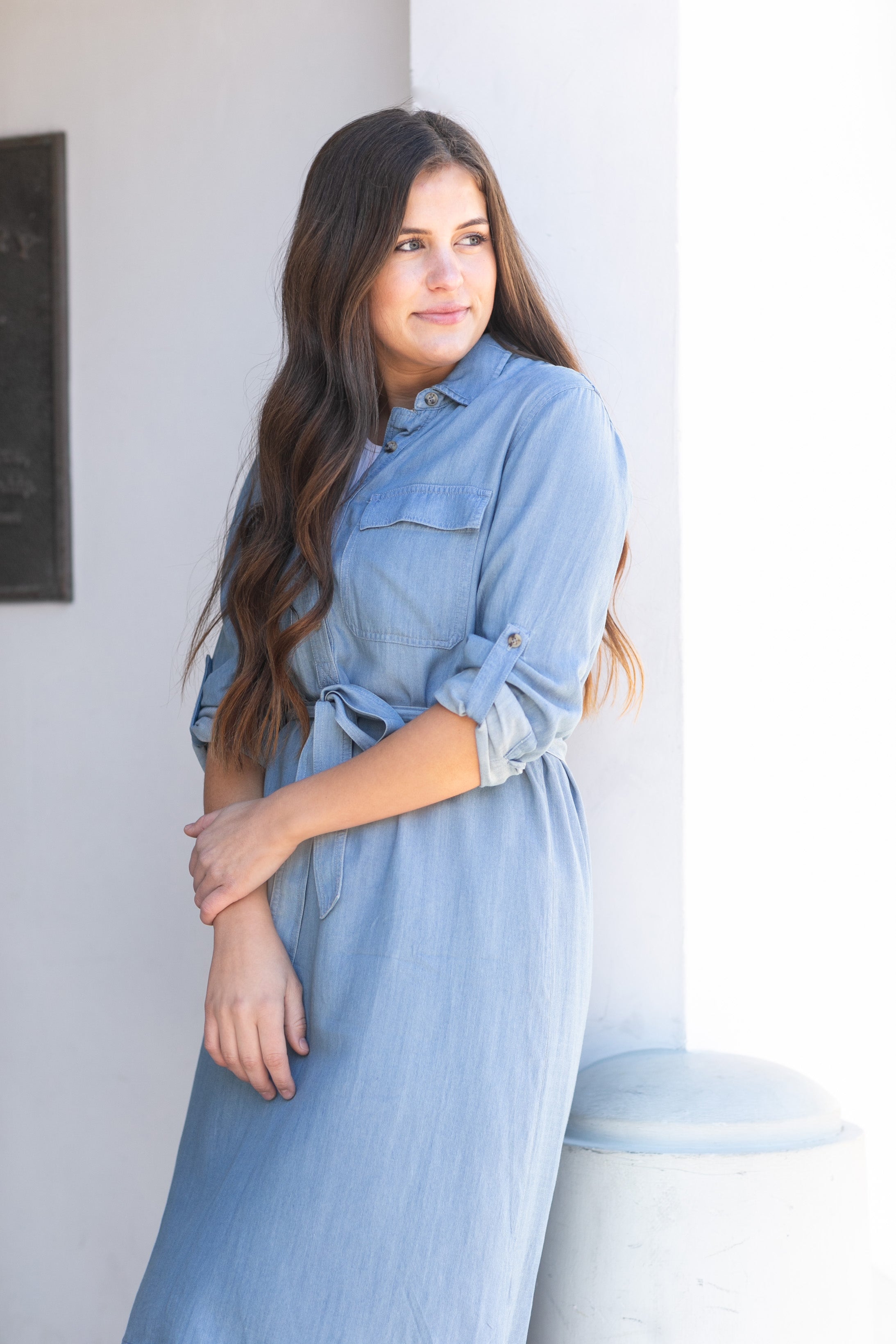 Belted chambray shirt store dress