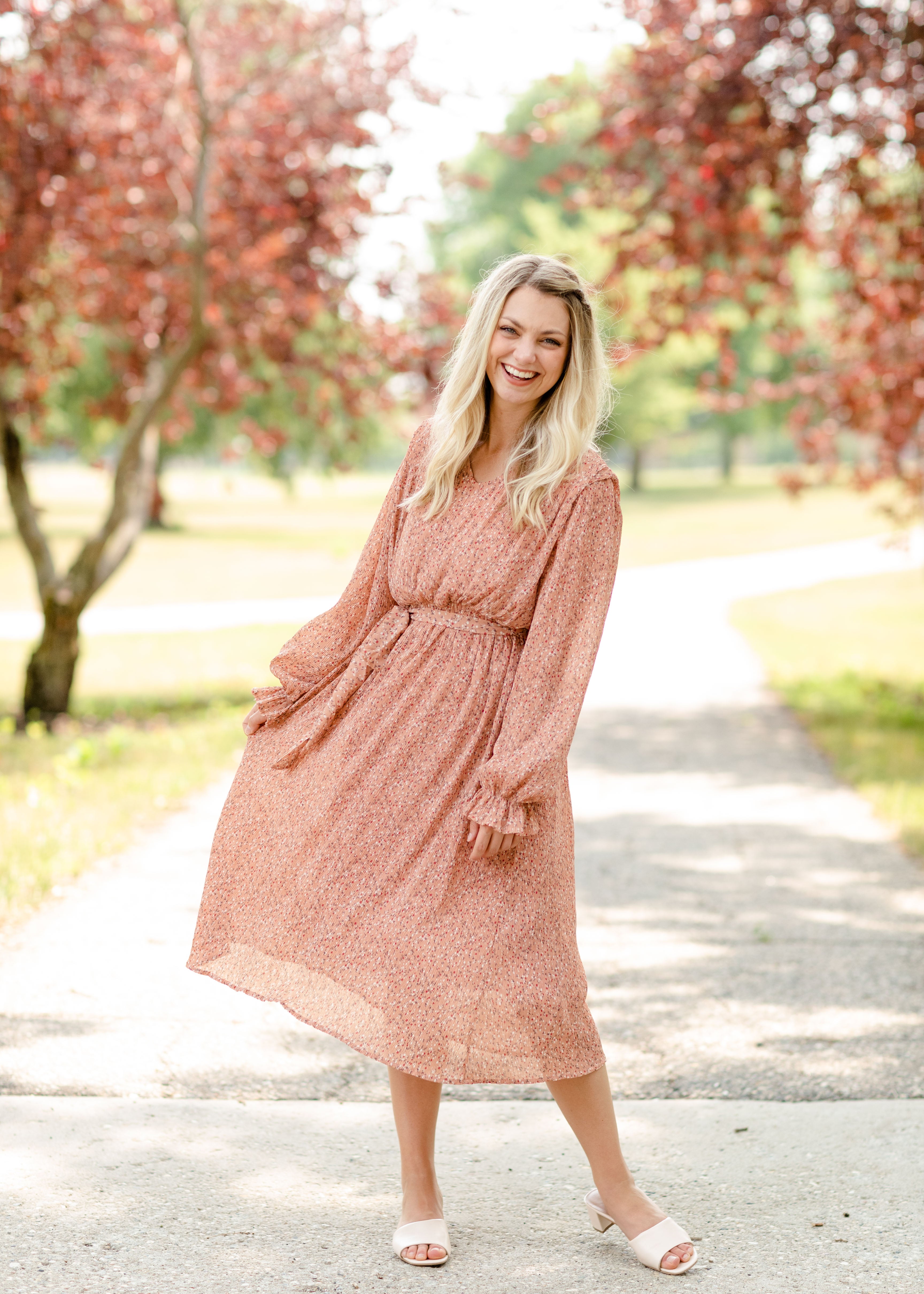 Coral pleated shop midi dress