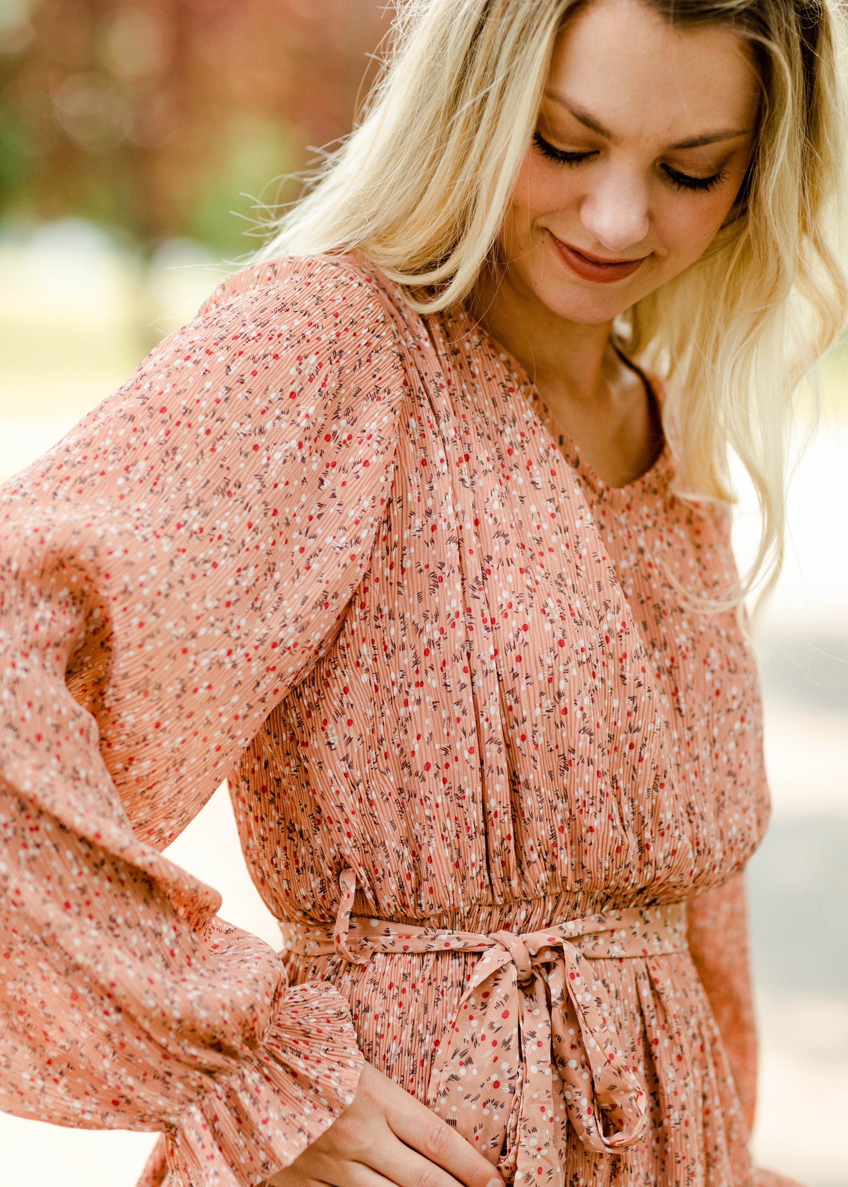 Coral pleated sales midi dress