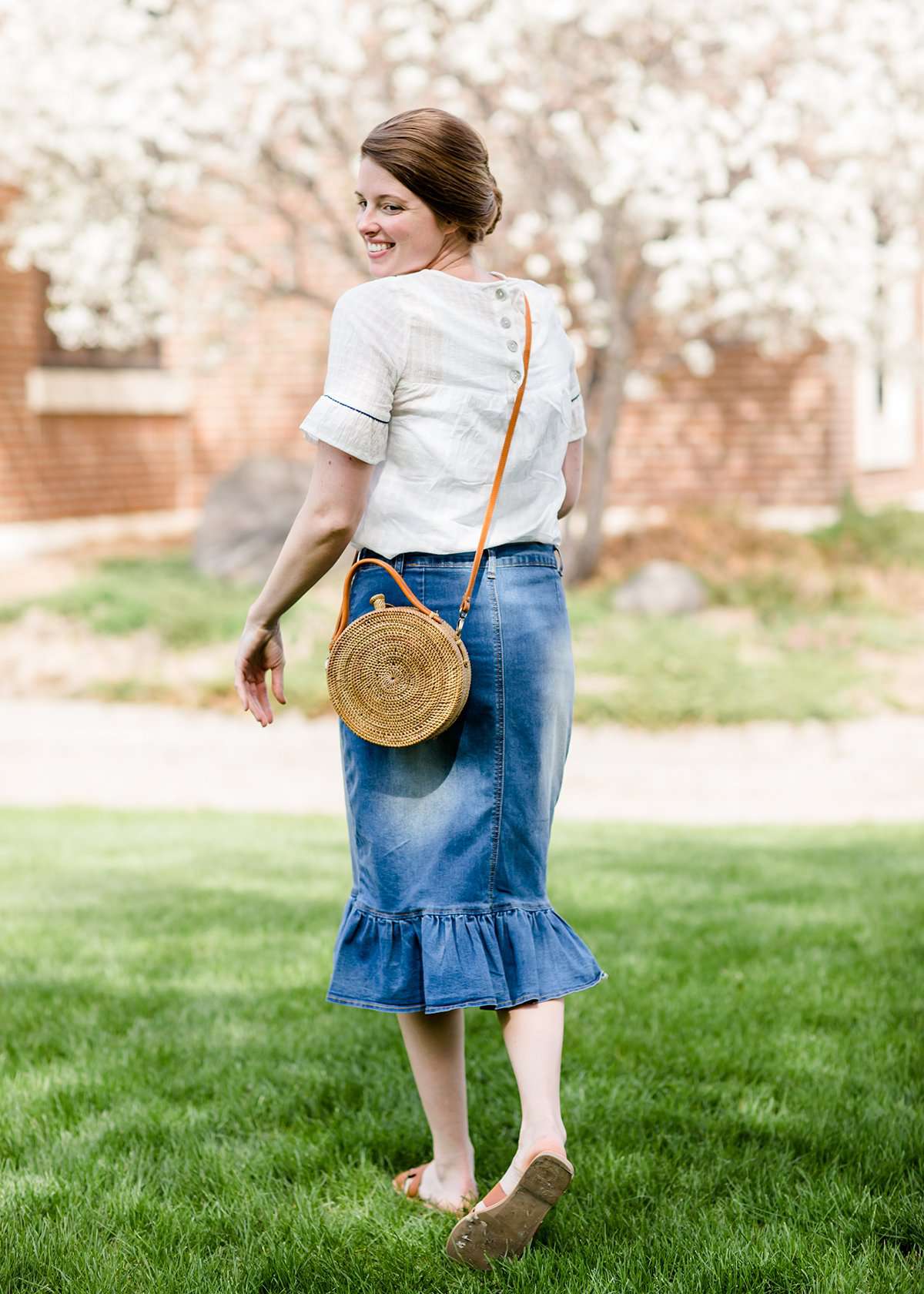 Denim ruffle shop midi skirt