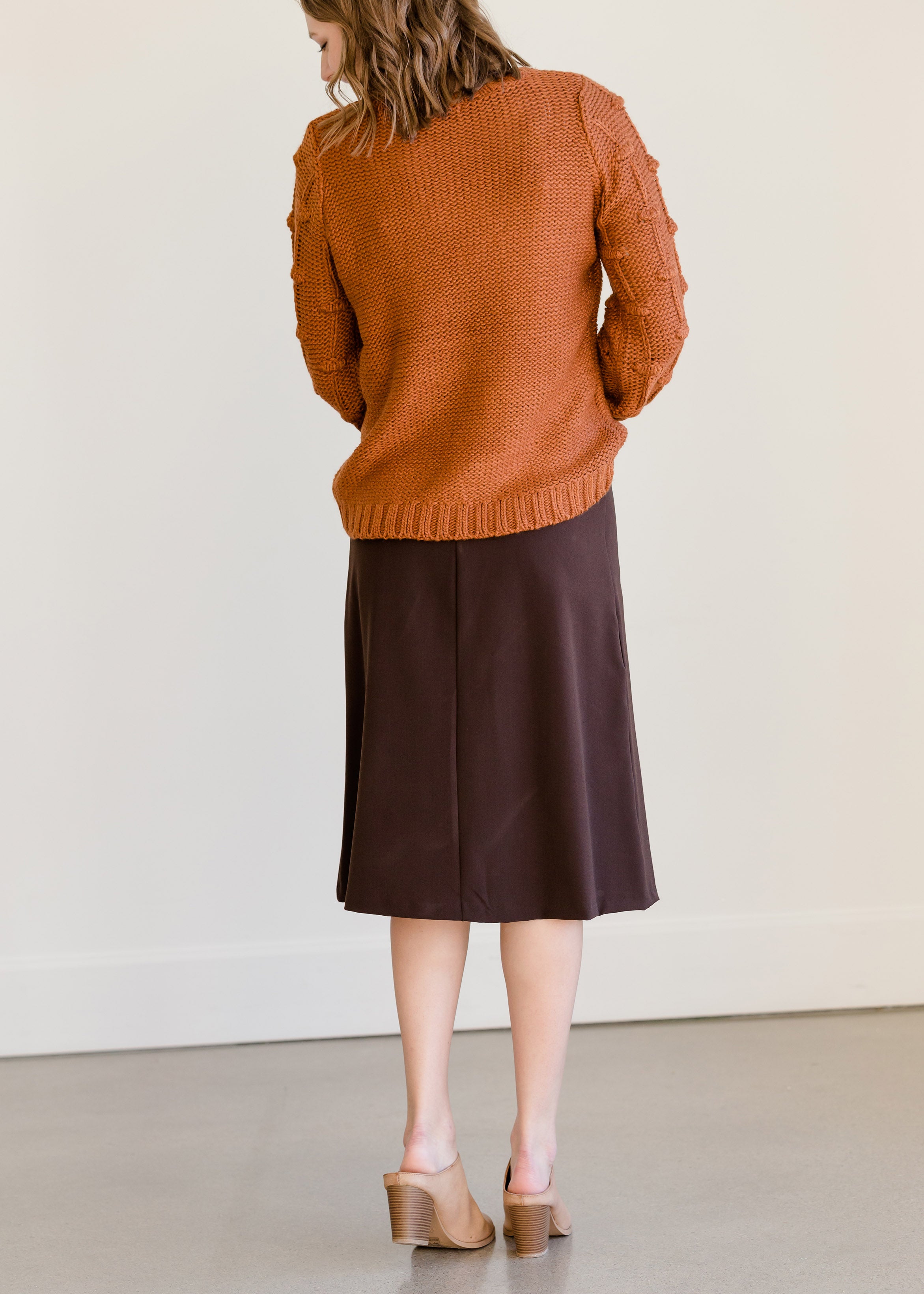 Brown Dressy Back Zip Midi Skirt Inherit Co