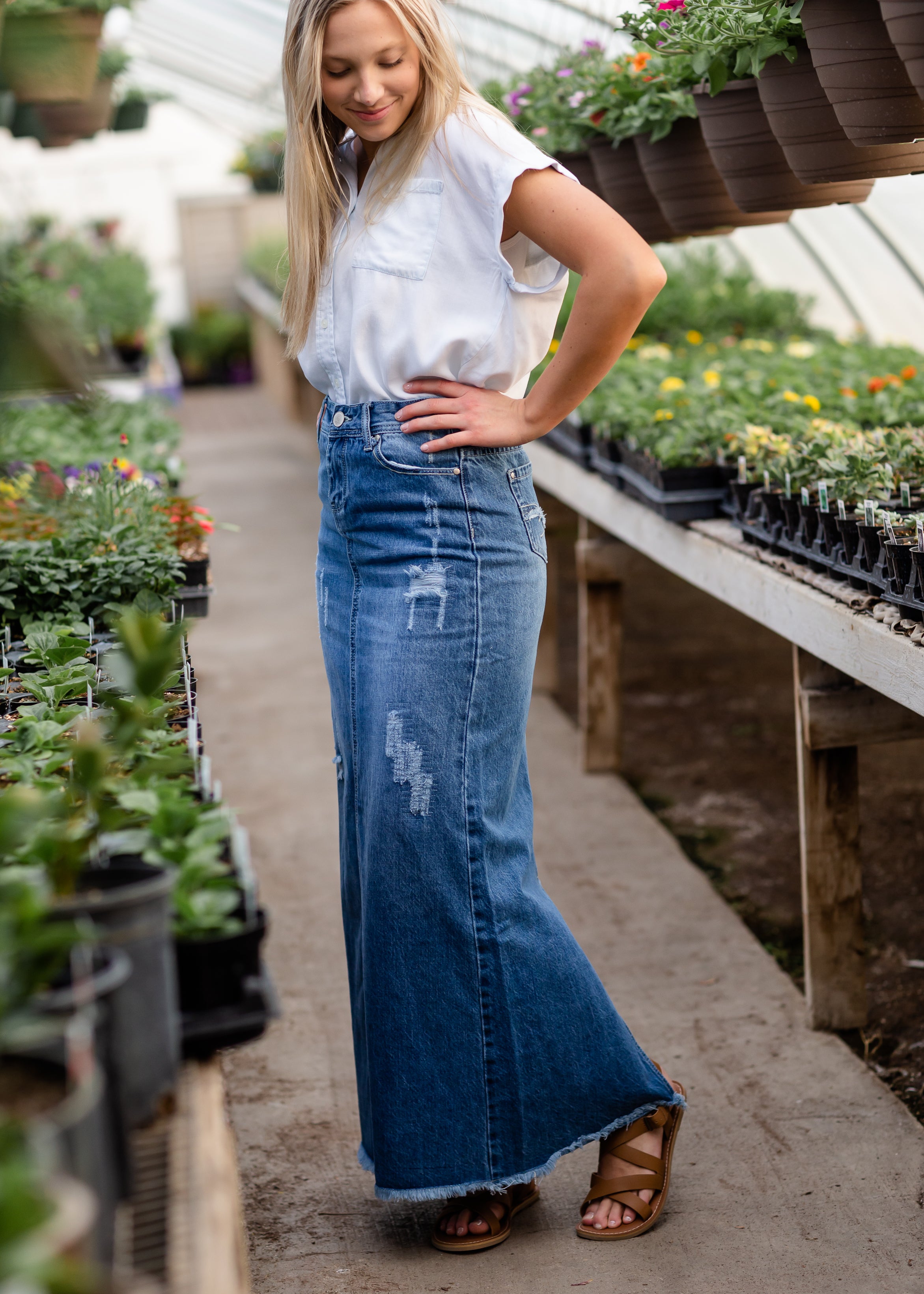 Elisha Light Wash Distressed Long Denim Skirt FINAL SALE