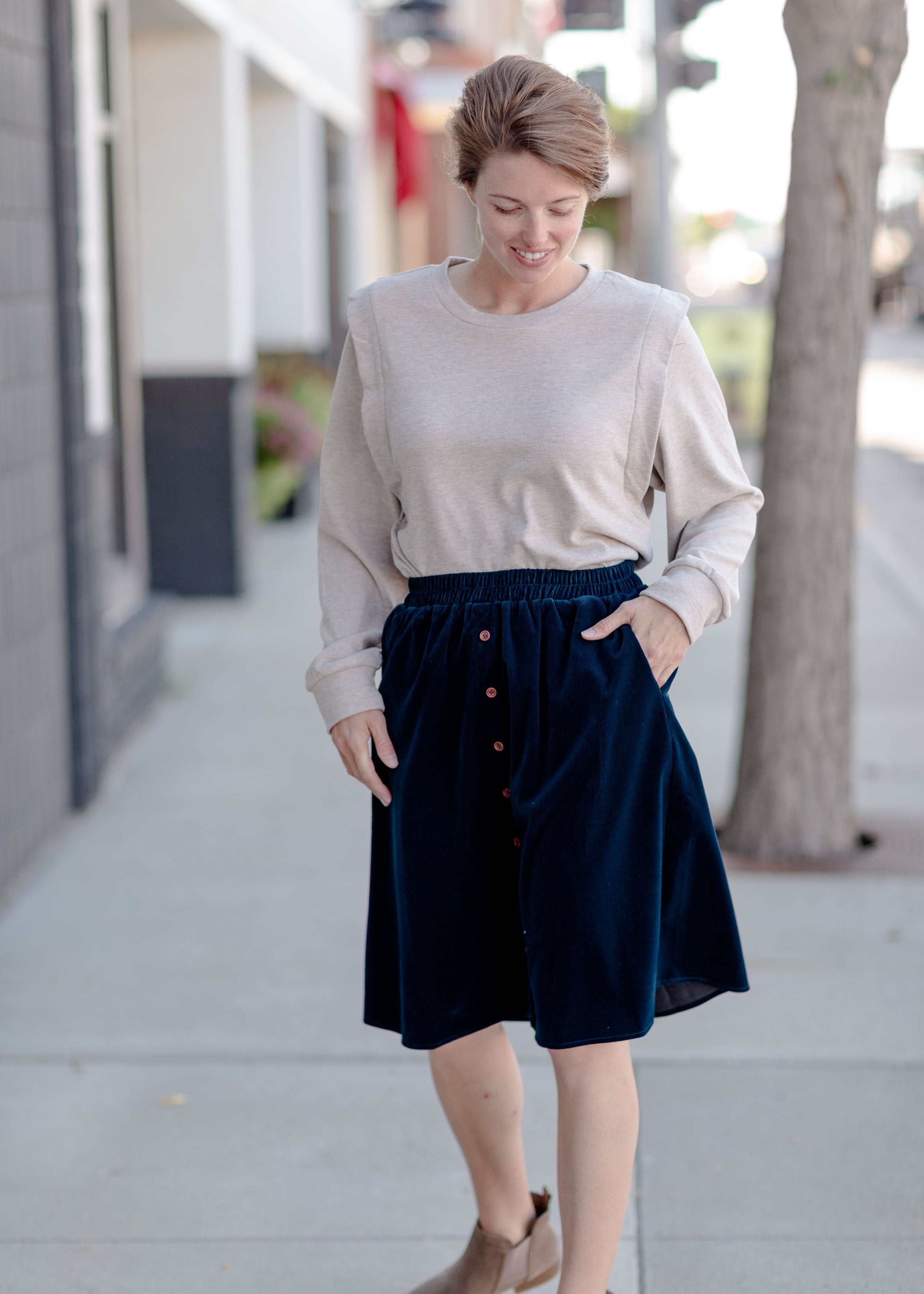 Navy blue corduroy skirt cheap outfit