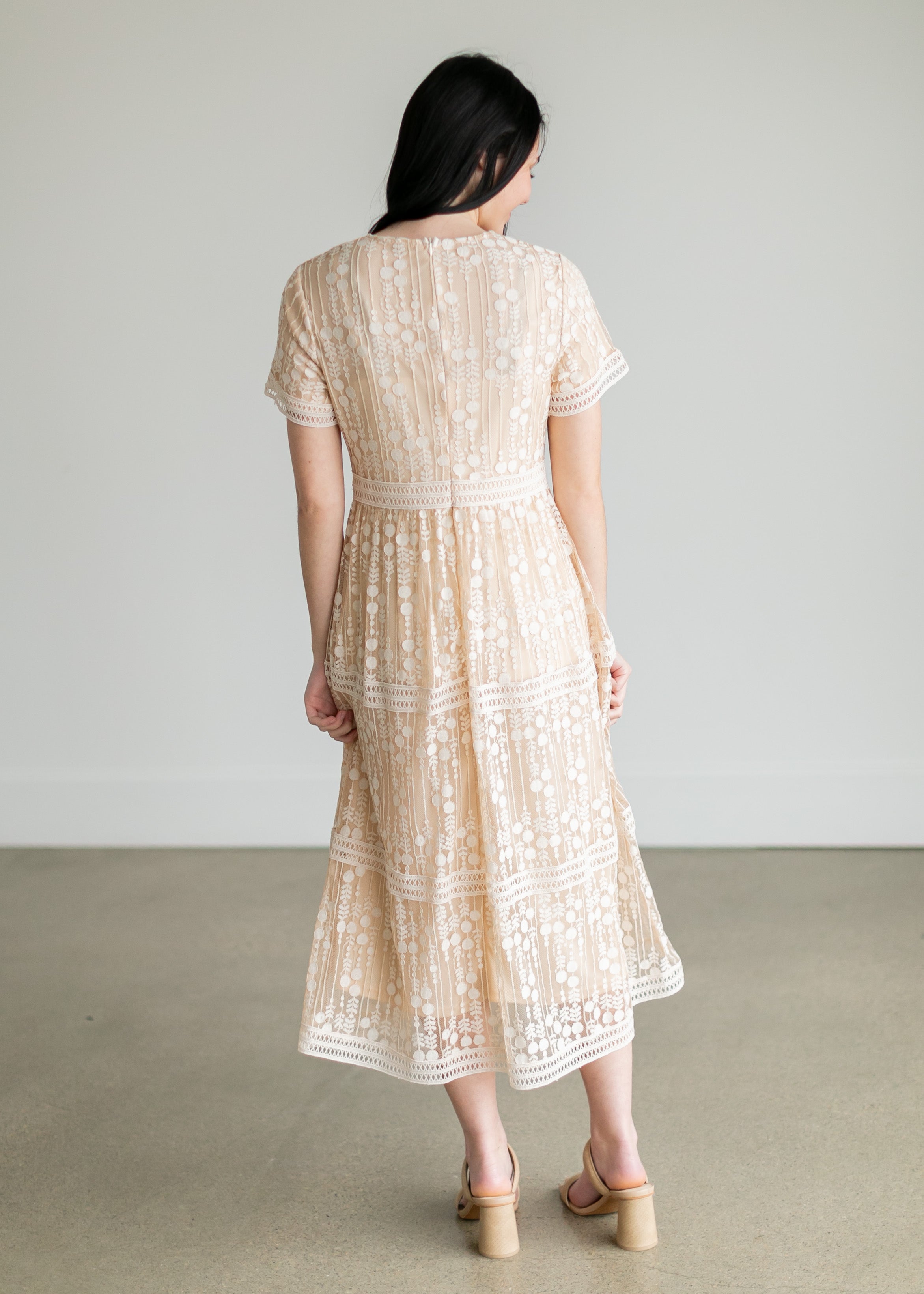 Vintage style antique ivory embroidered lace modest midi clearance dress