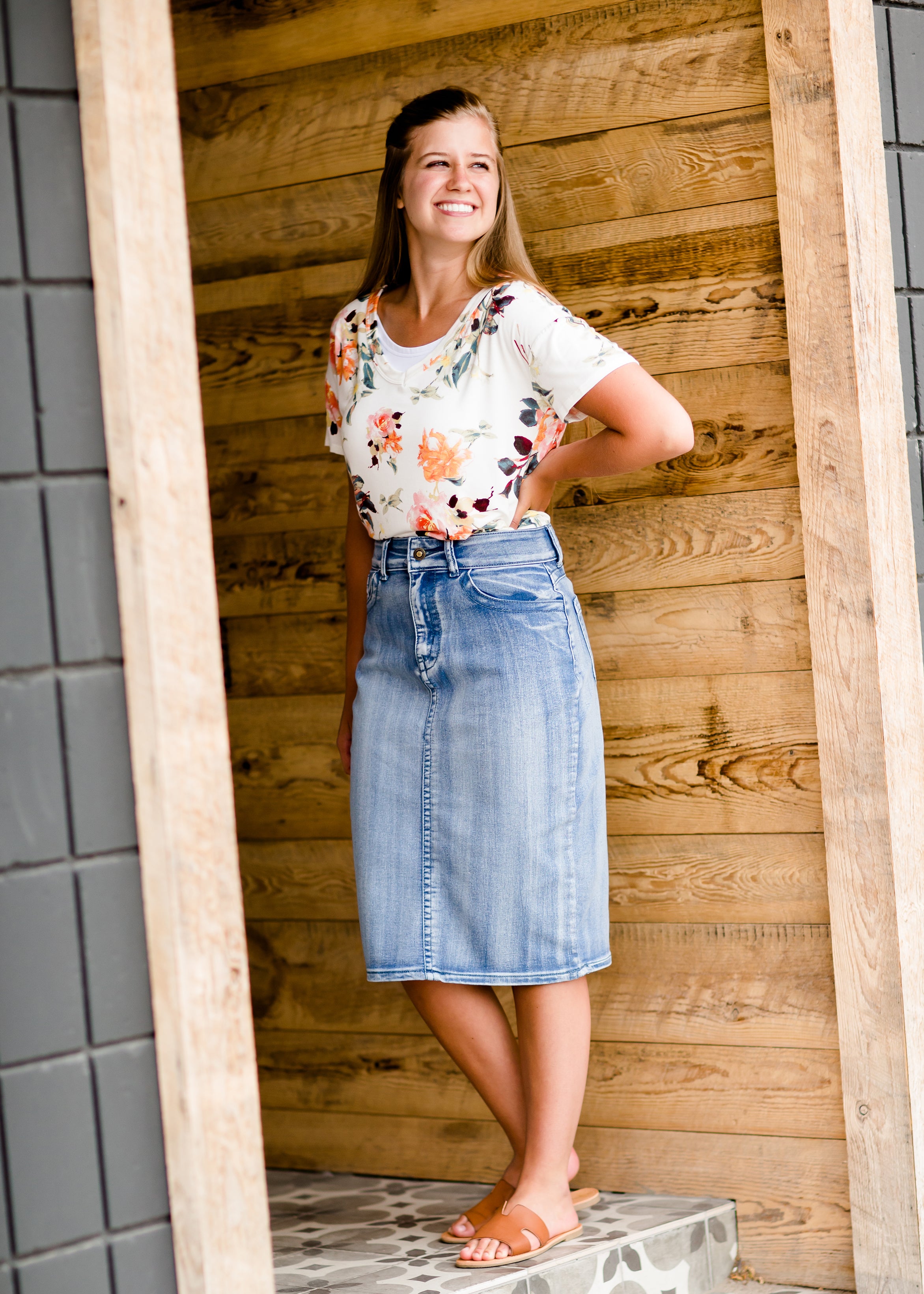 Light denim outlet skirt