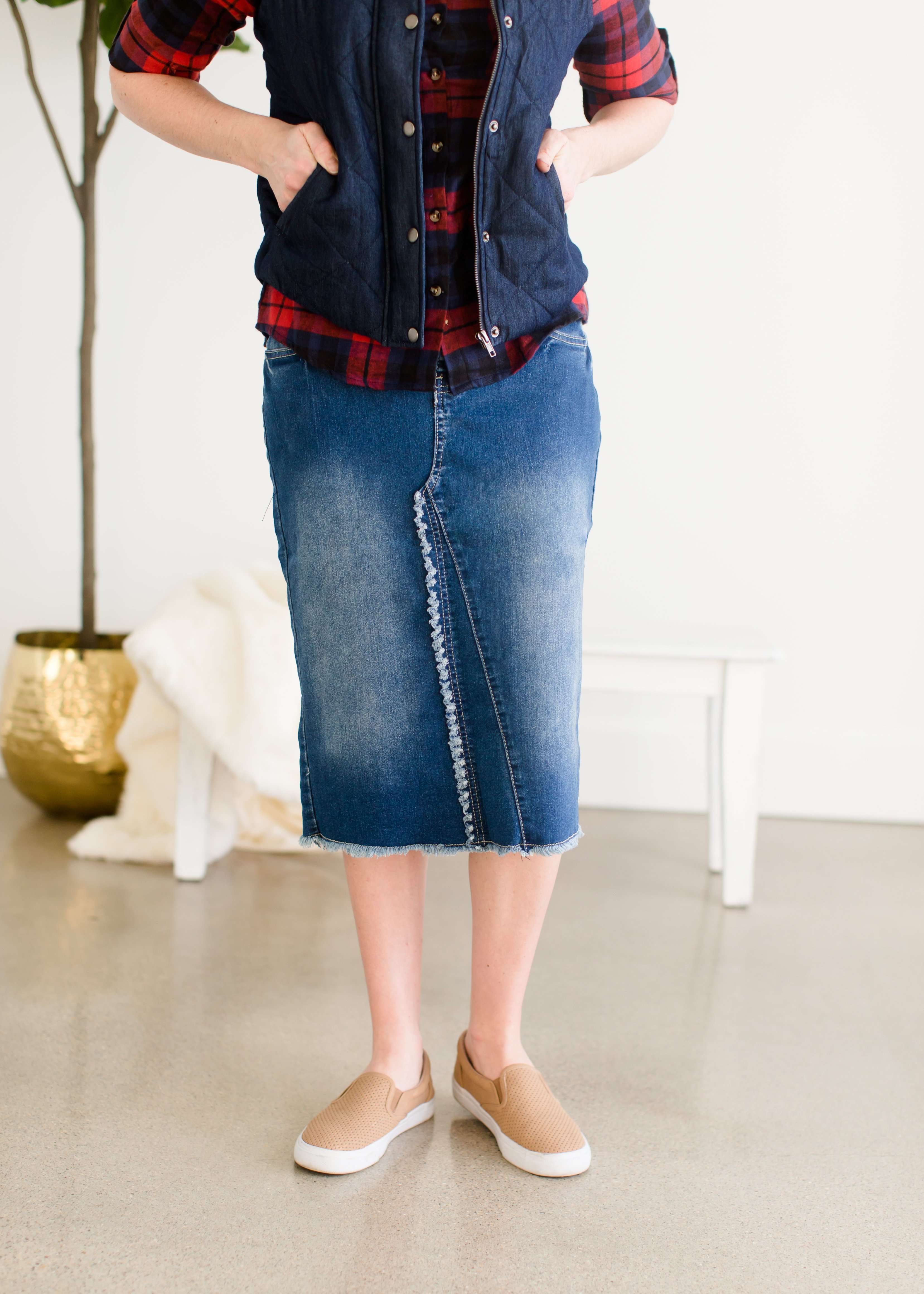 Fringe Front Denim Midi Skirt | Inherit Clothing Company – Inherit Co.