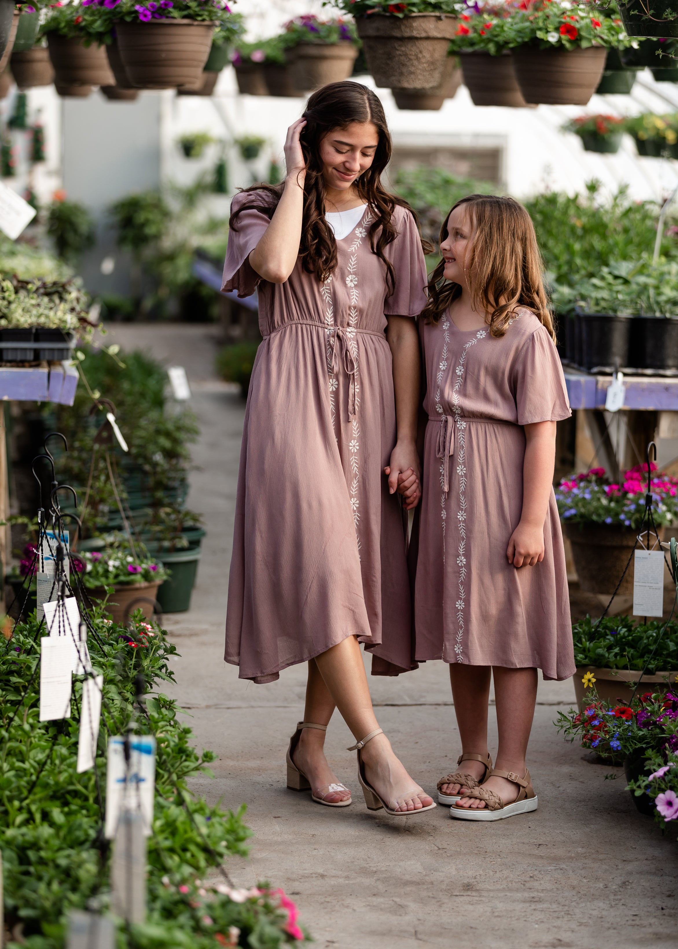 Girls Embroidered Cinched Waist Mauve Midi Dress Inherit Co