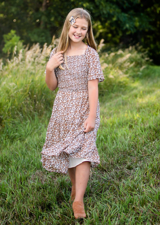 Girls Floral Smocked Bodice Midi Dress Girls