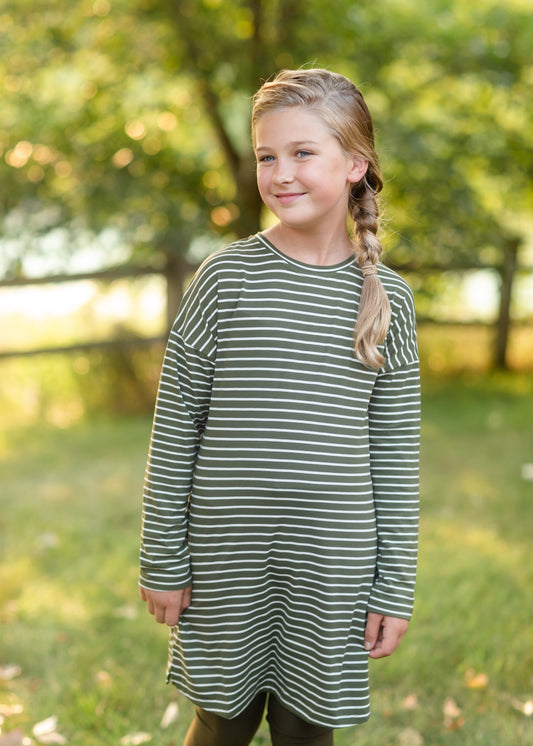 Girls Olive Striped Knit Mini Dress with Belt Dresses hayden