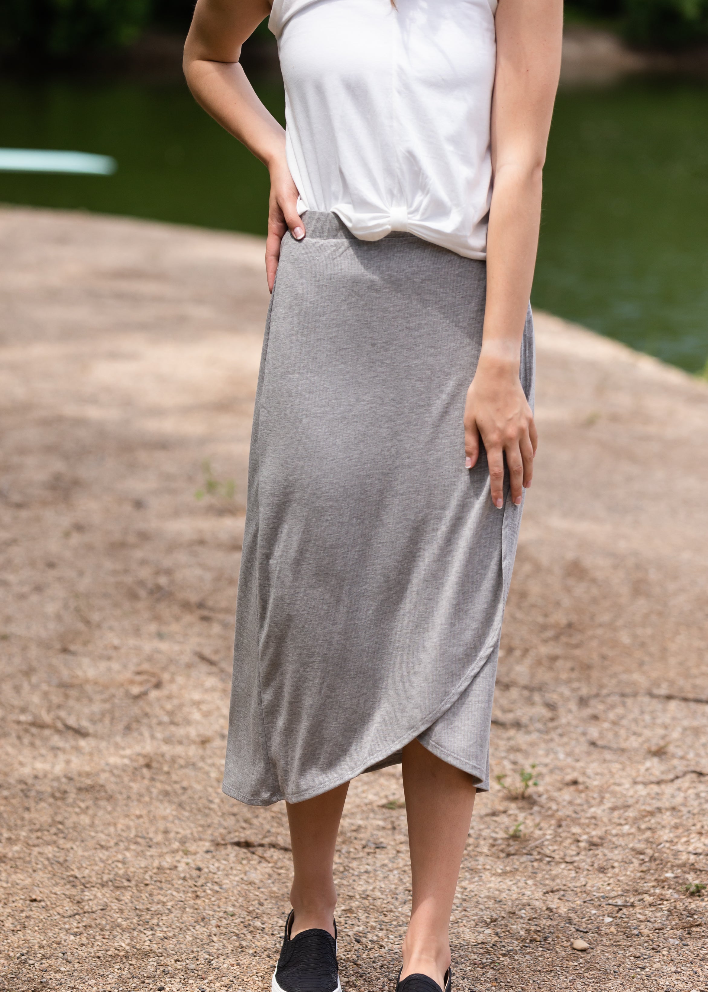 Gray Elastic Waist Knit Midi Skirt FINAL SALE Inherit Co