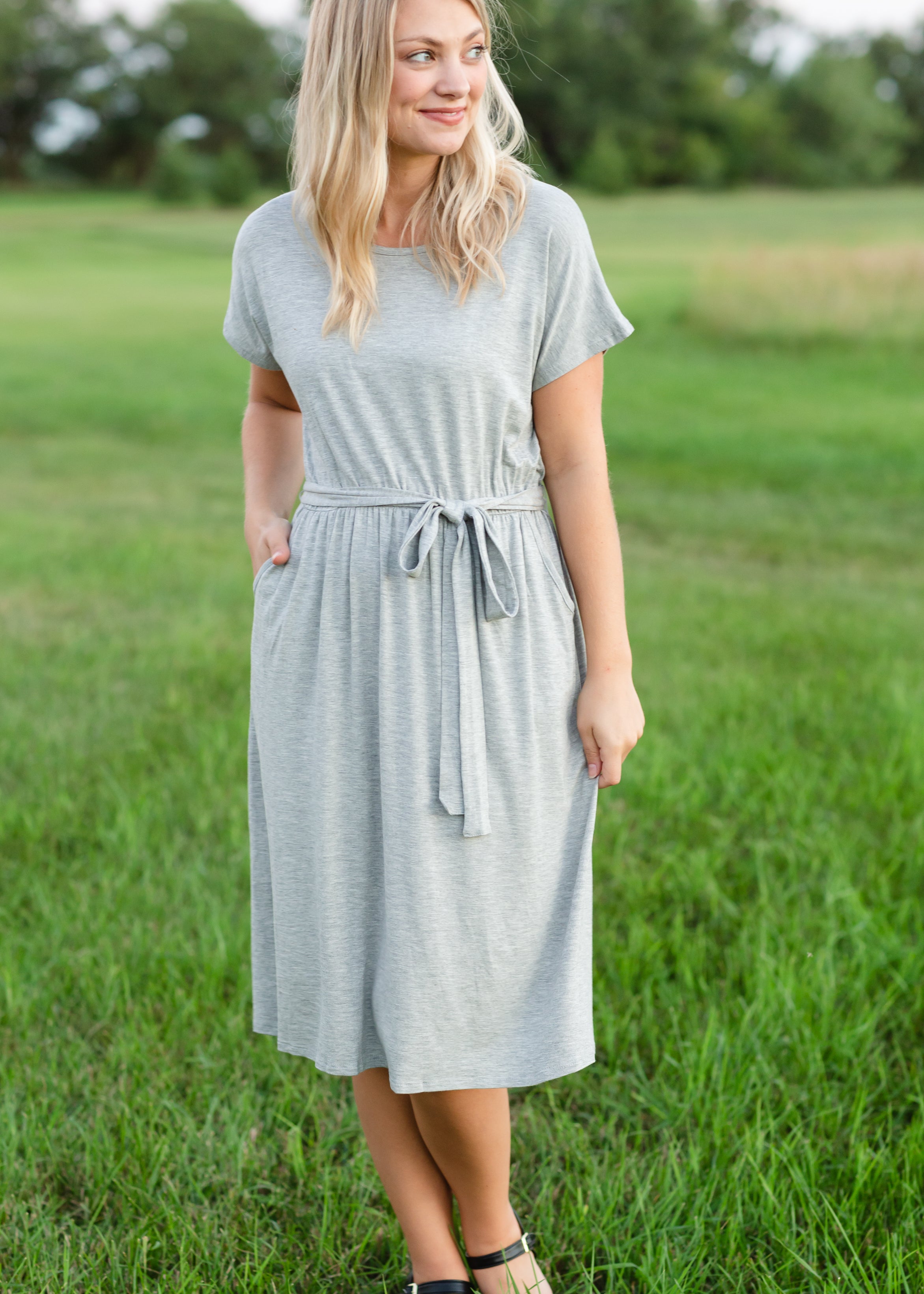 Gray Tie Waist Knit Midi Dress - FINAL SALE – Inherit Co.